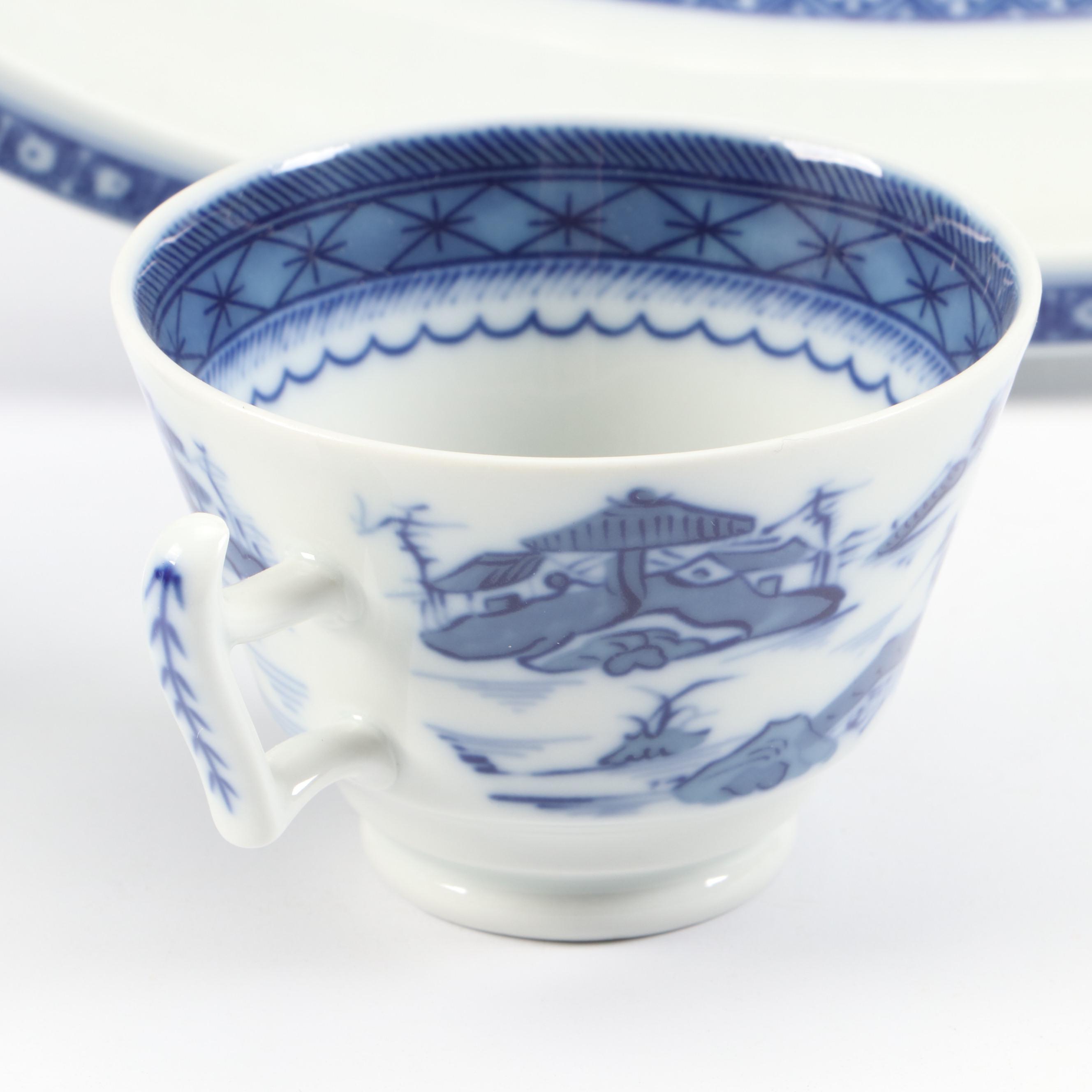 Mottahedeh Flow Blue "Blue Canton" Porcelain Platters and Cups