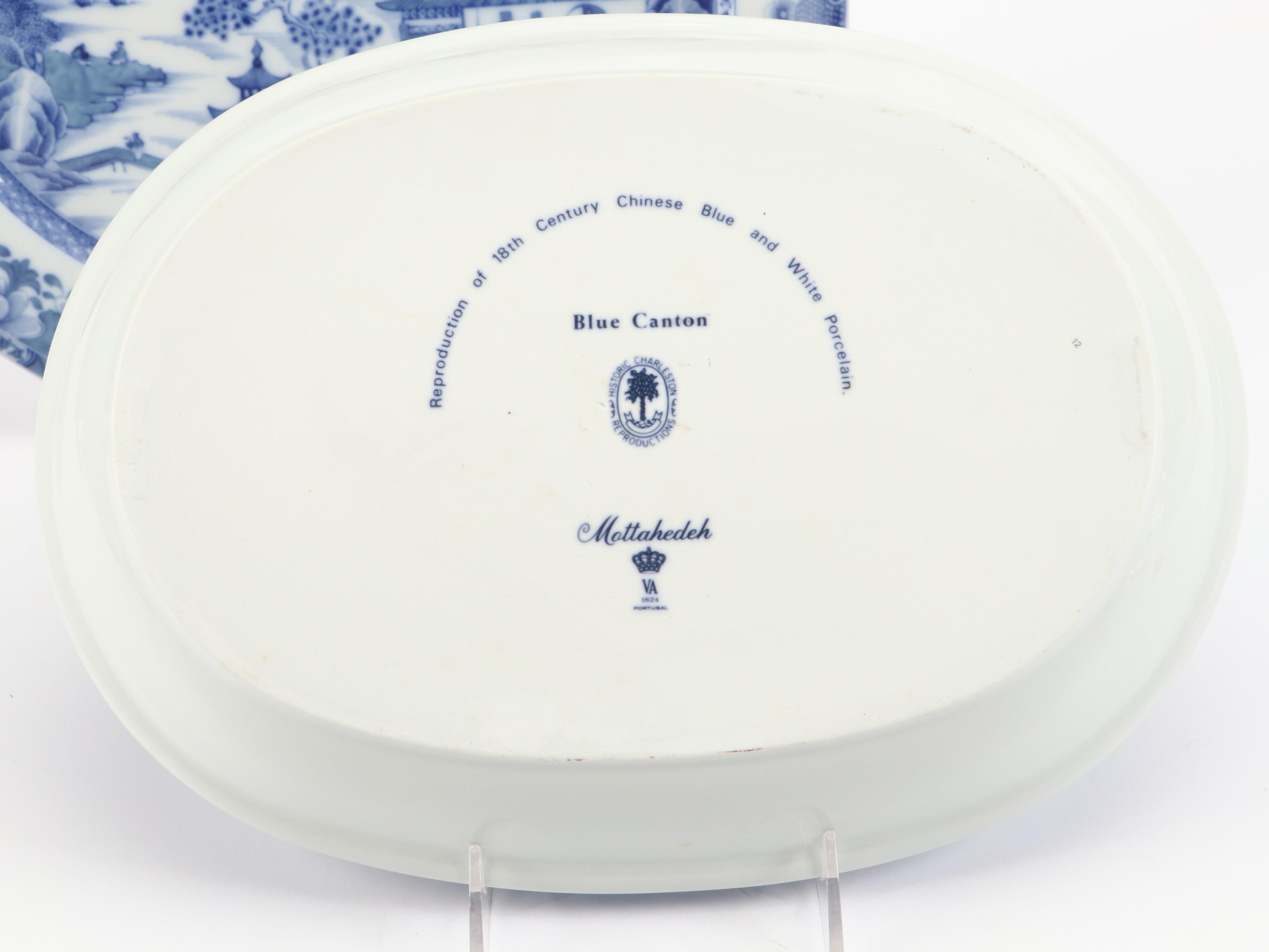 Mottahedeh Flow Blue "Blue Canton" Porcelain Platters and Cups