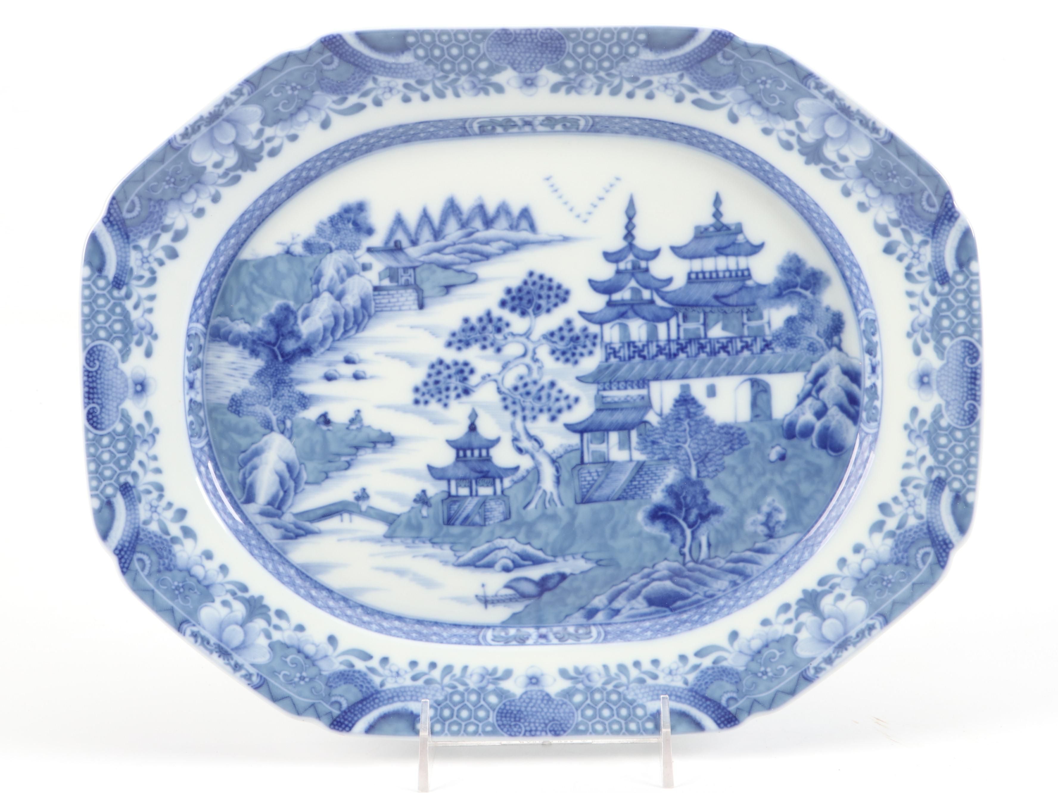 Mottahedeh Flow Blue "Blue Canton" Porcelain Platters and Cups