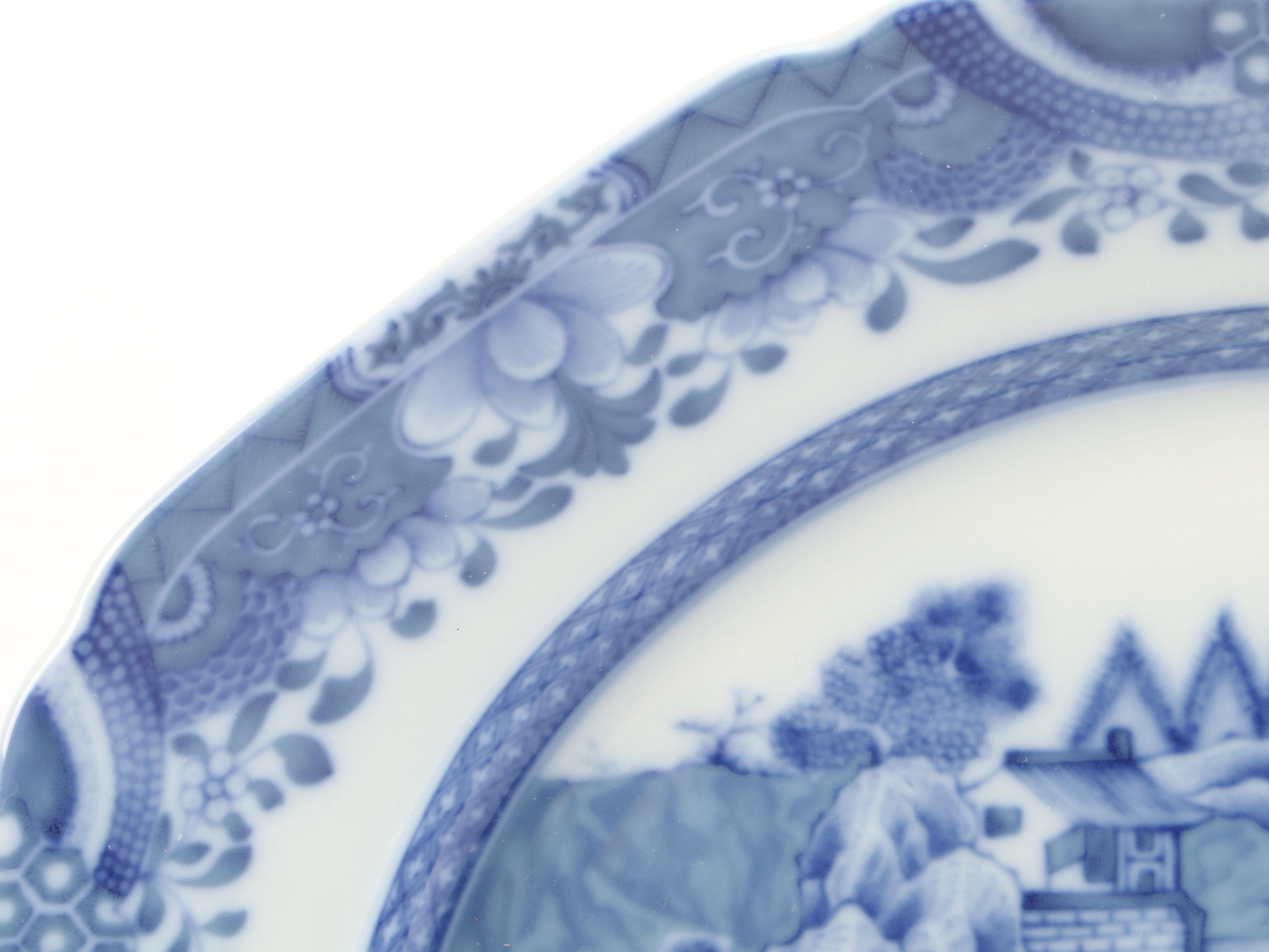 Mottahedeh Flow Blue "Blue Canton" Porcelain Platters and Cups