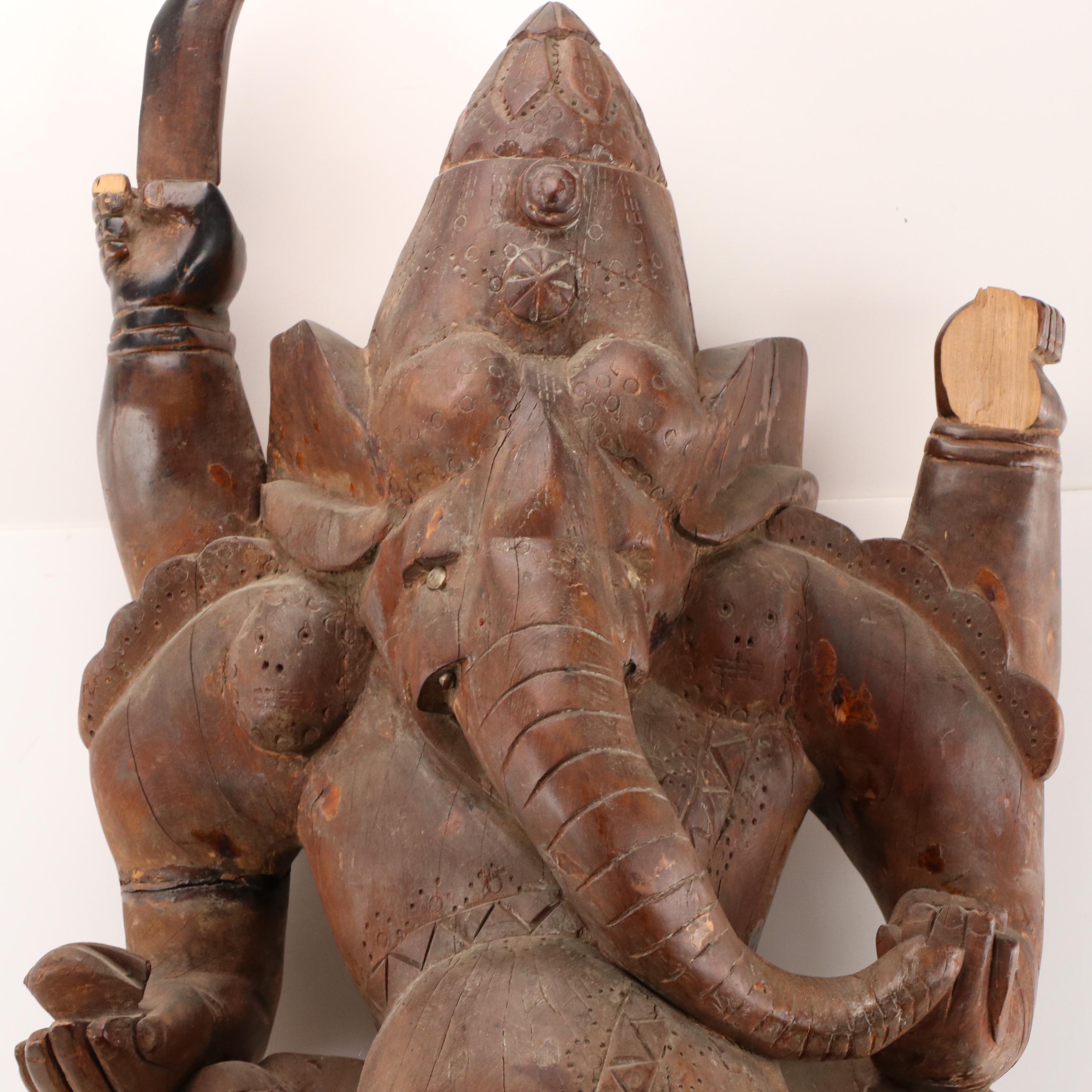 Southeast Asian Wood Statue of Ganesha with Plinth, Early to Mid-20th Century