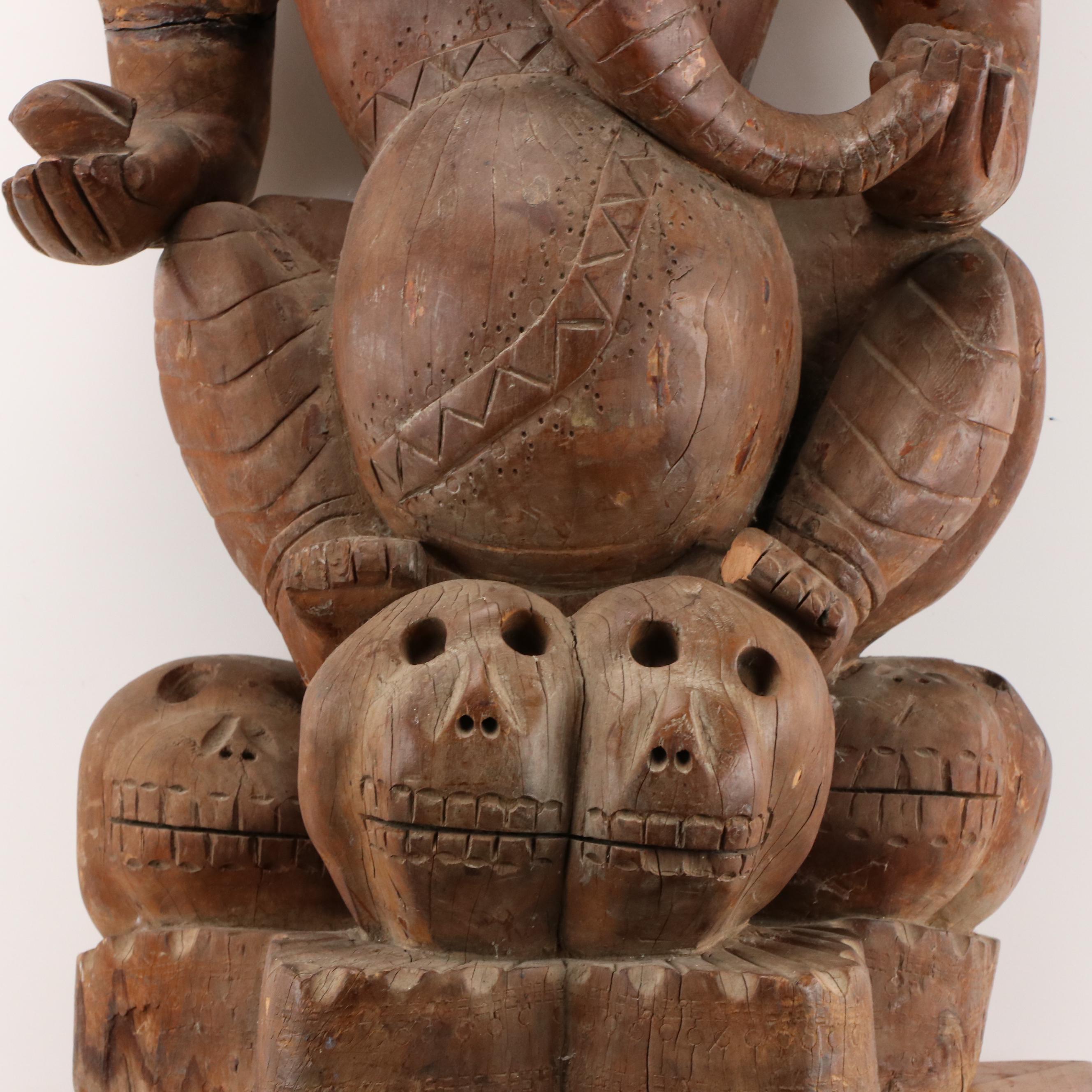 Southeast Asian Wood Statue of Ganesha with Plinth, Early to Mid-20th Century