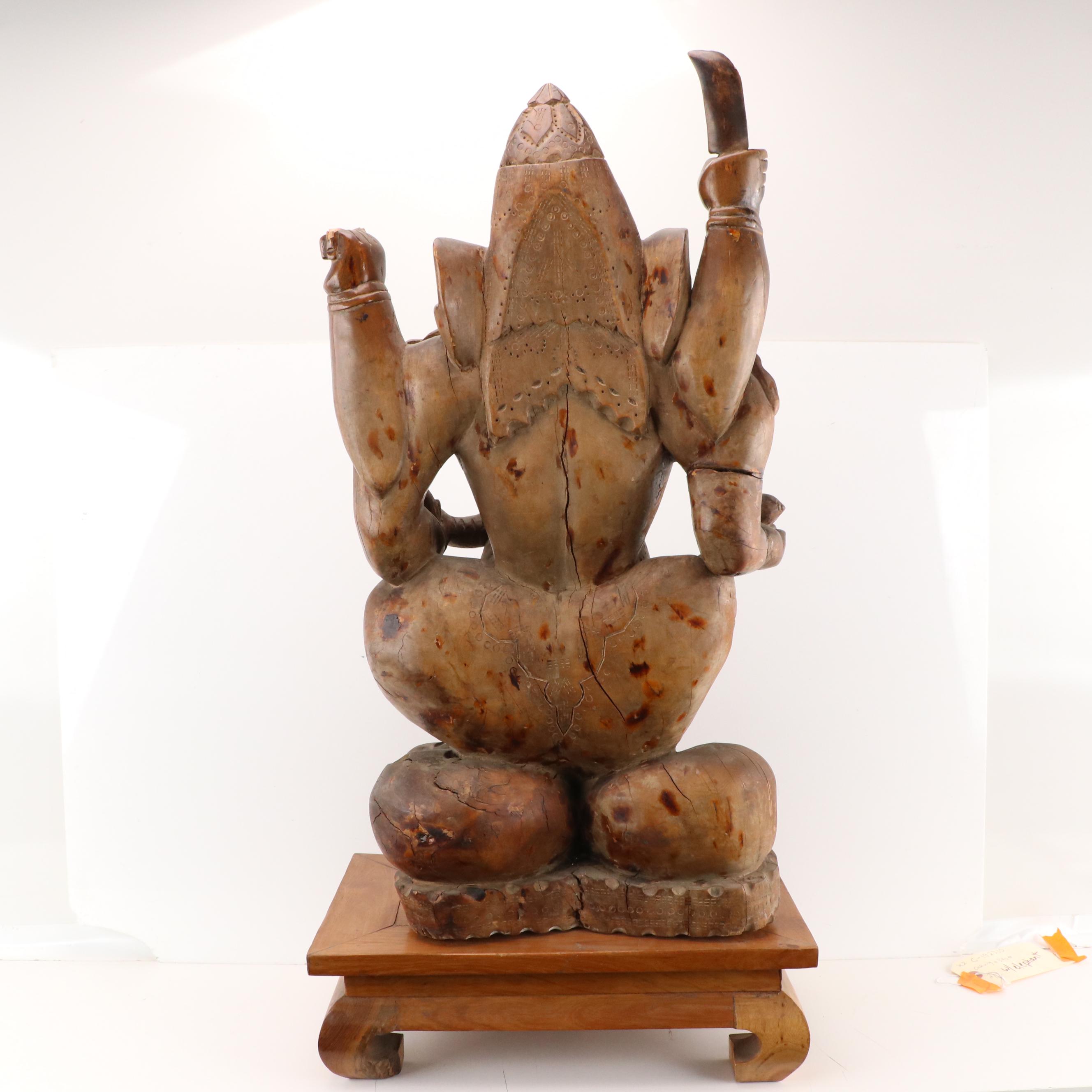 Southeast Asian Wood Statue of Ganesha with Plinth, Early to Mid-20th Century