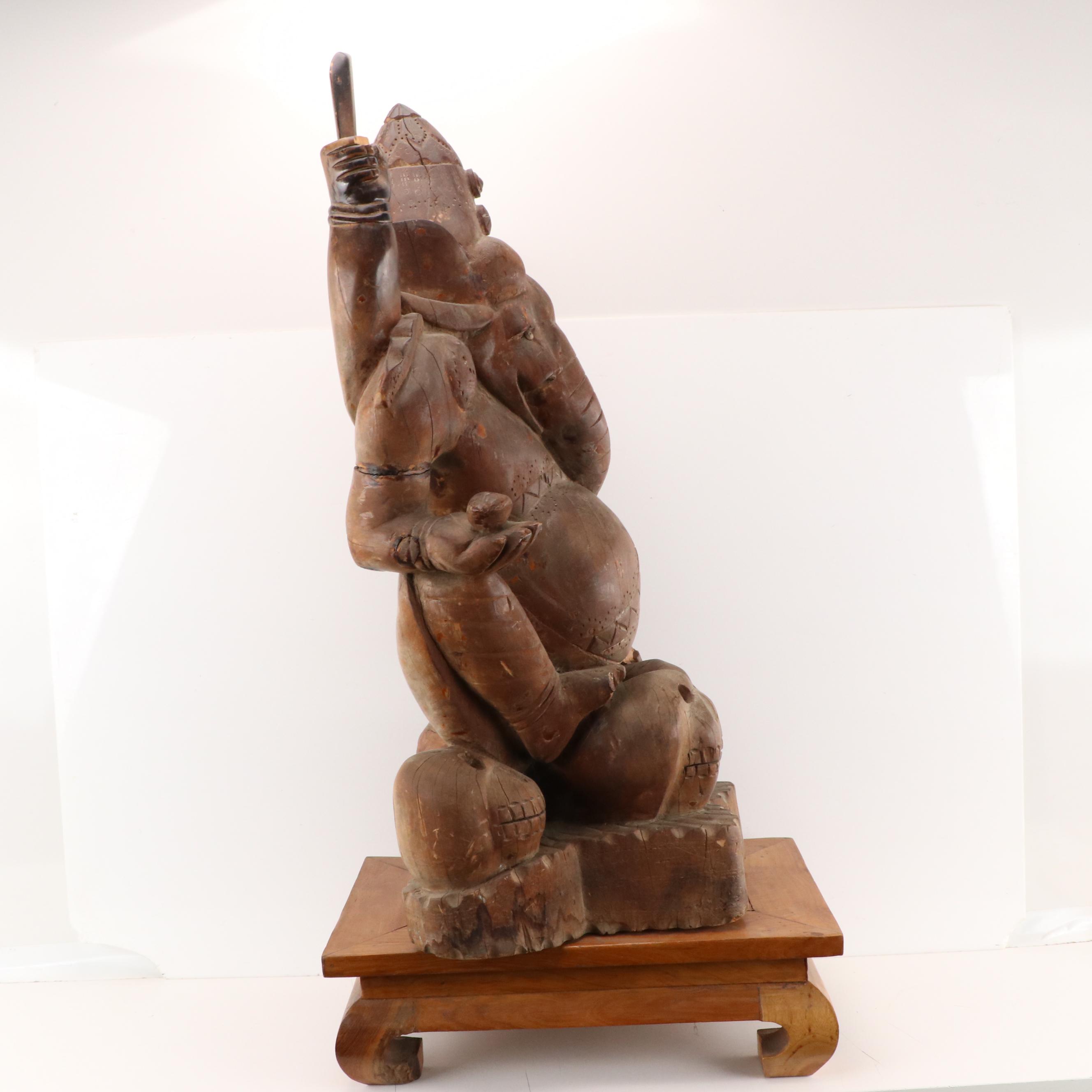 Southeast Asian Wood Statue of Ganesha with Plinth, Early to Mid-20th Century