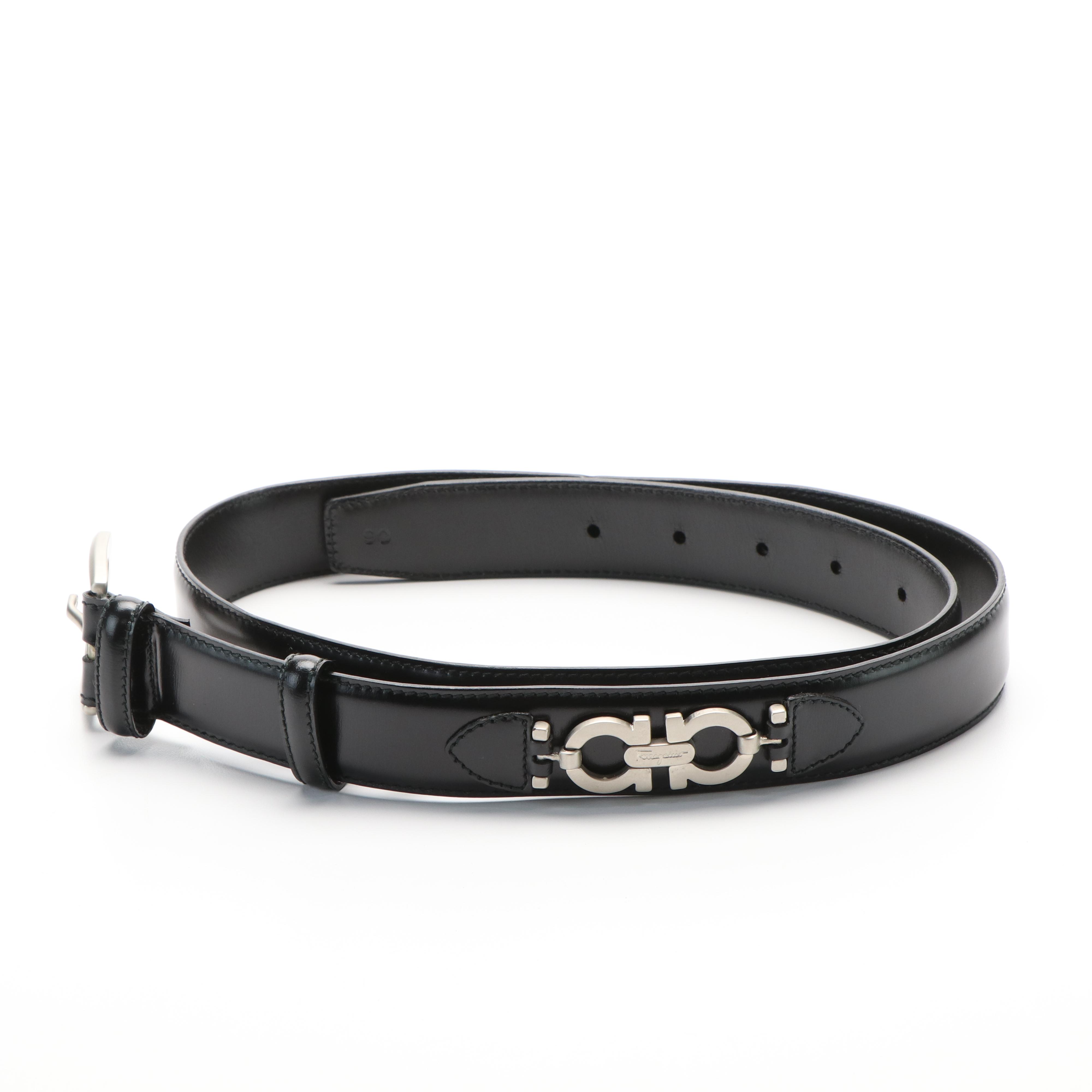 Salvatore Ferragamo Double Gancini Black Leather Belt
