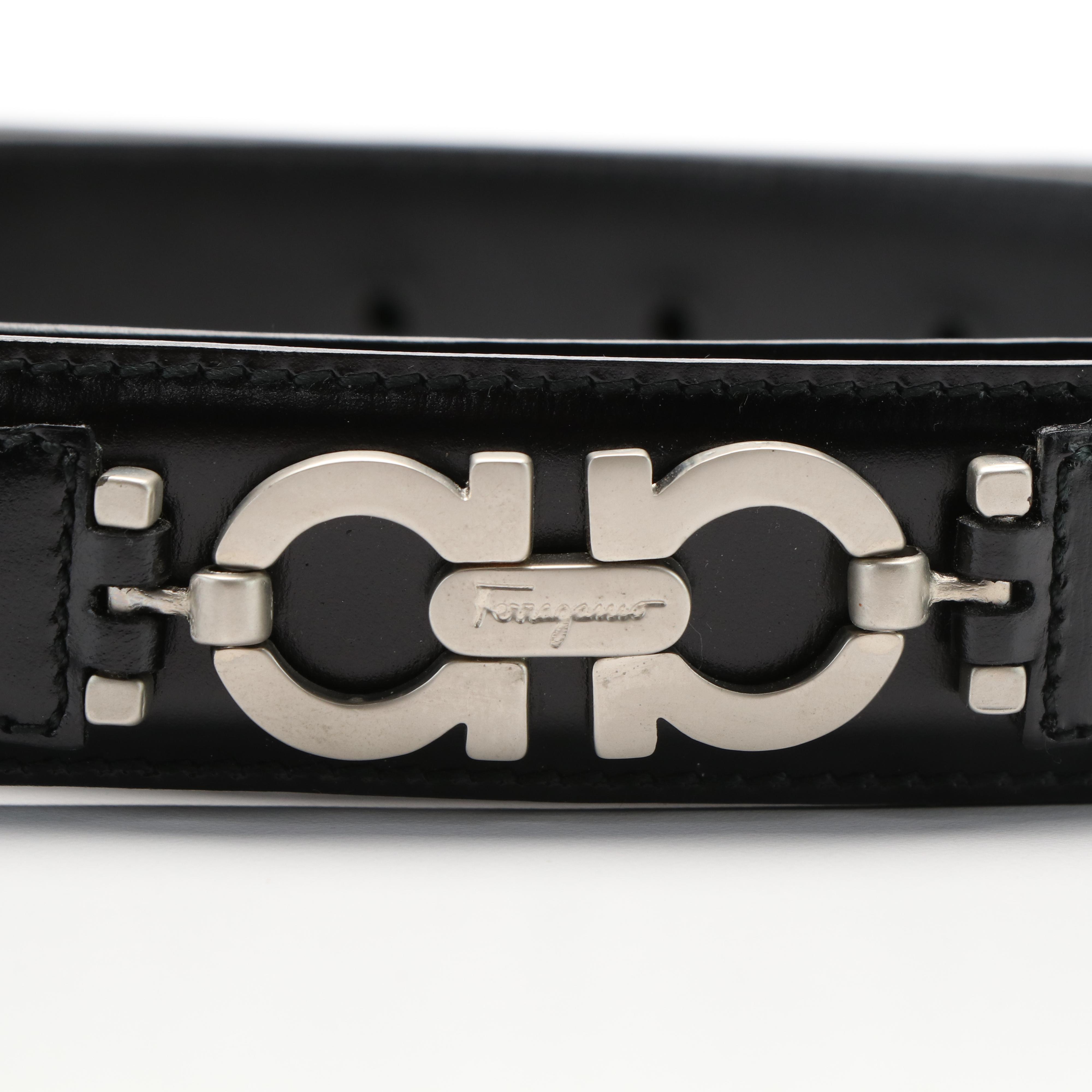 Salvatore Ferragamo Double Gancini Black Leather Belt