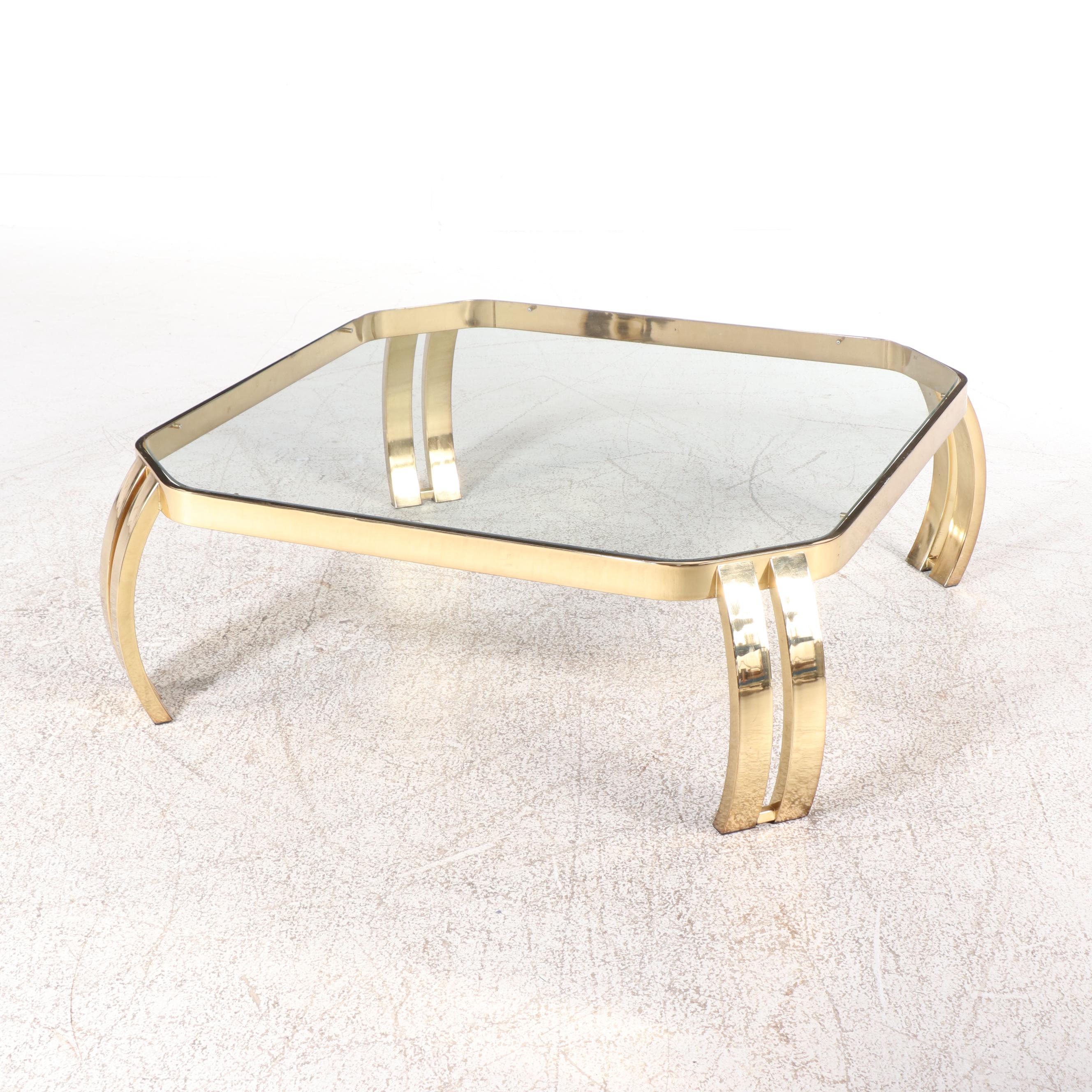 Hollywood Regency Style Brass-Patinated Metal and Glass Top Coffee Table