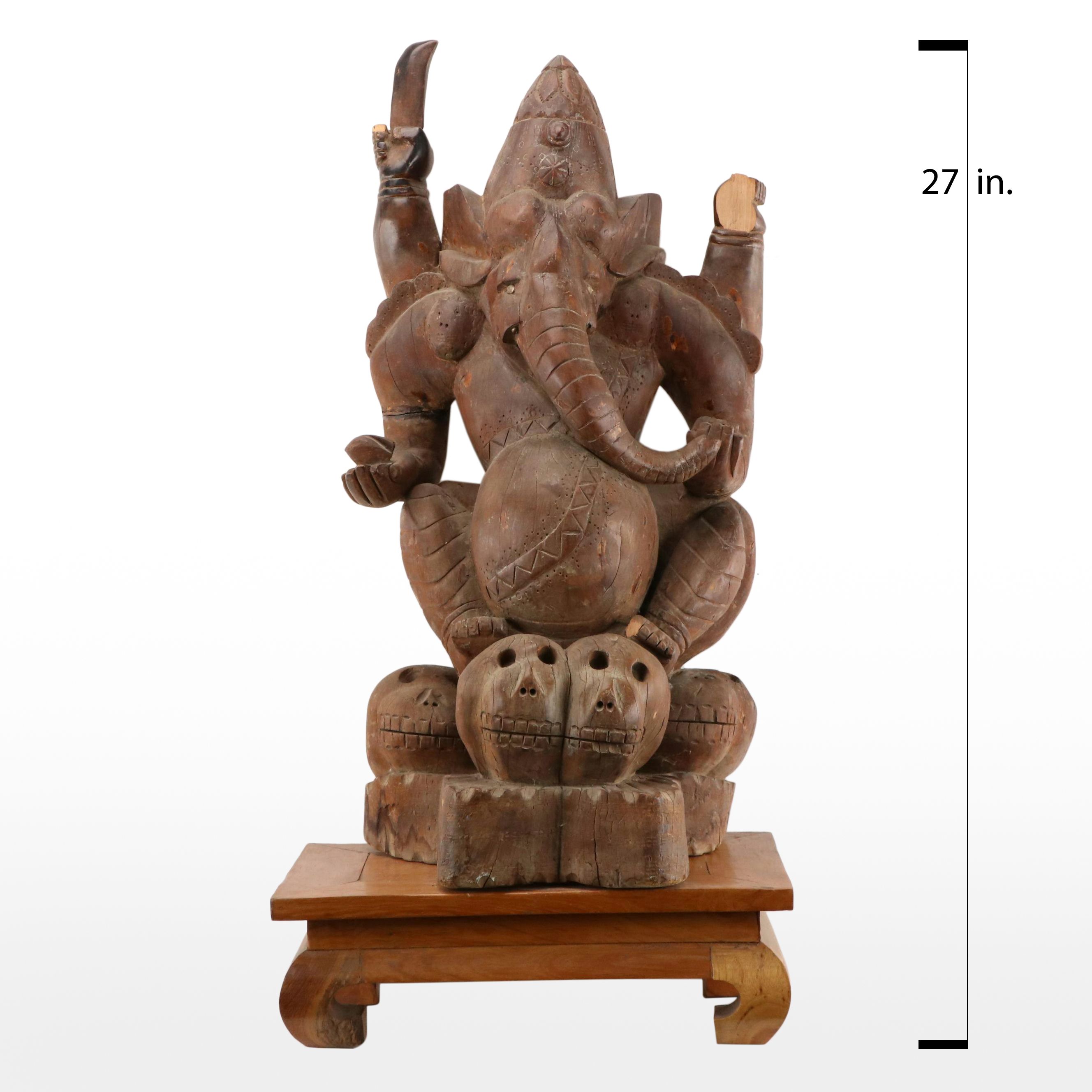 Southeast Asian Wood Statue of Ganesha with Plinth, Early to Mid-20th Century
