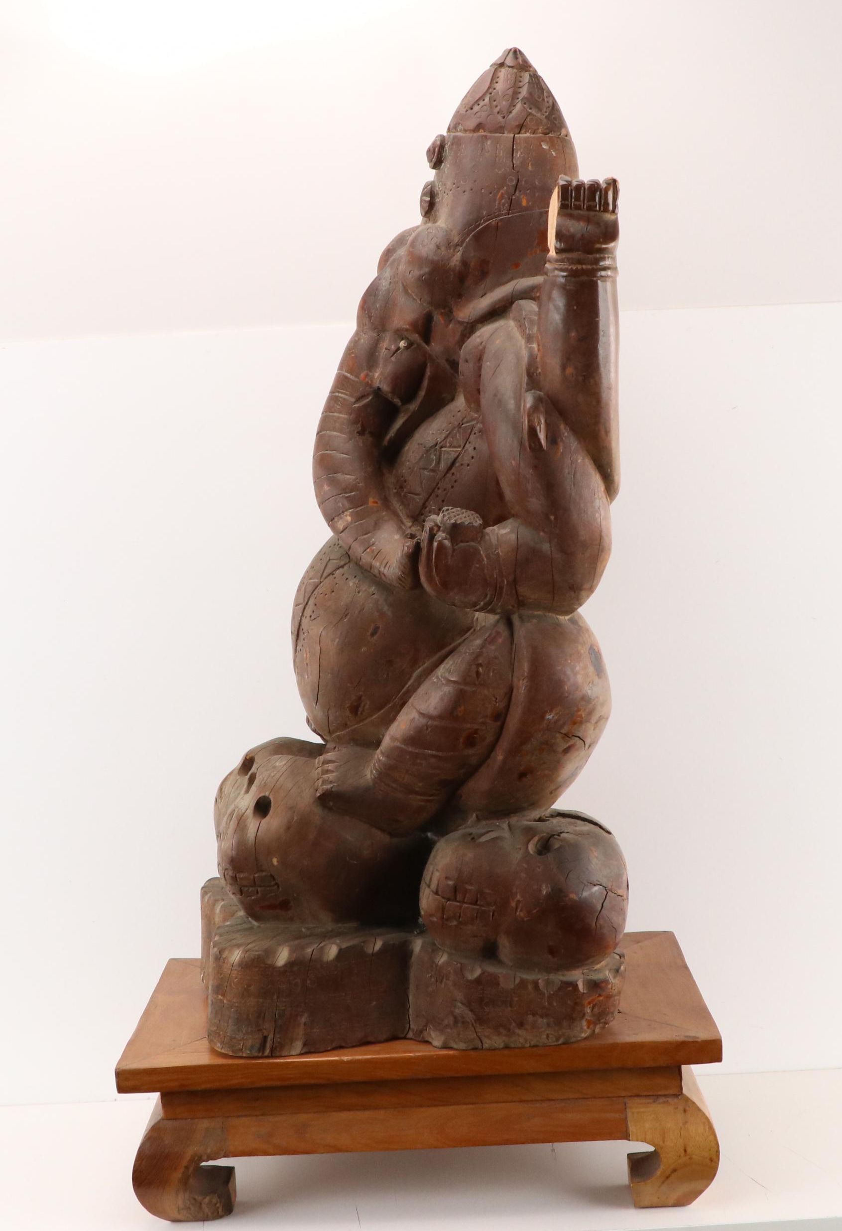 Southeast Asian Wood Statue of Ganesha with Plinth, Early to Mid-20th Century