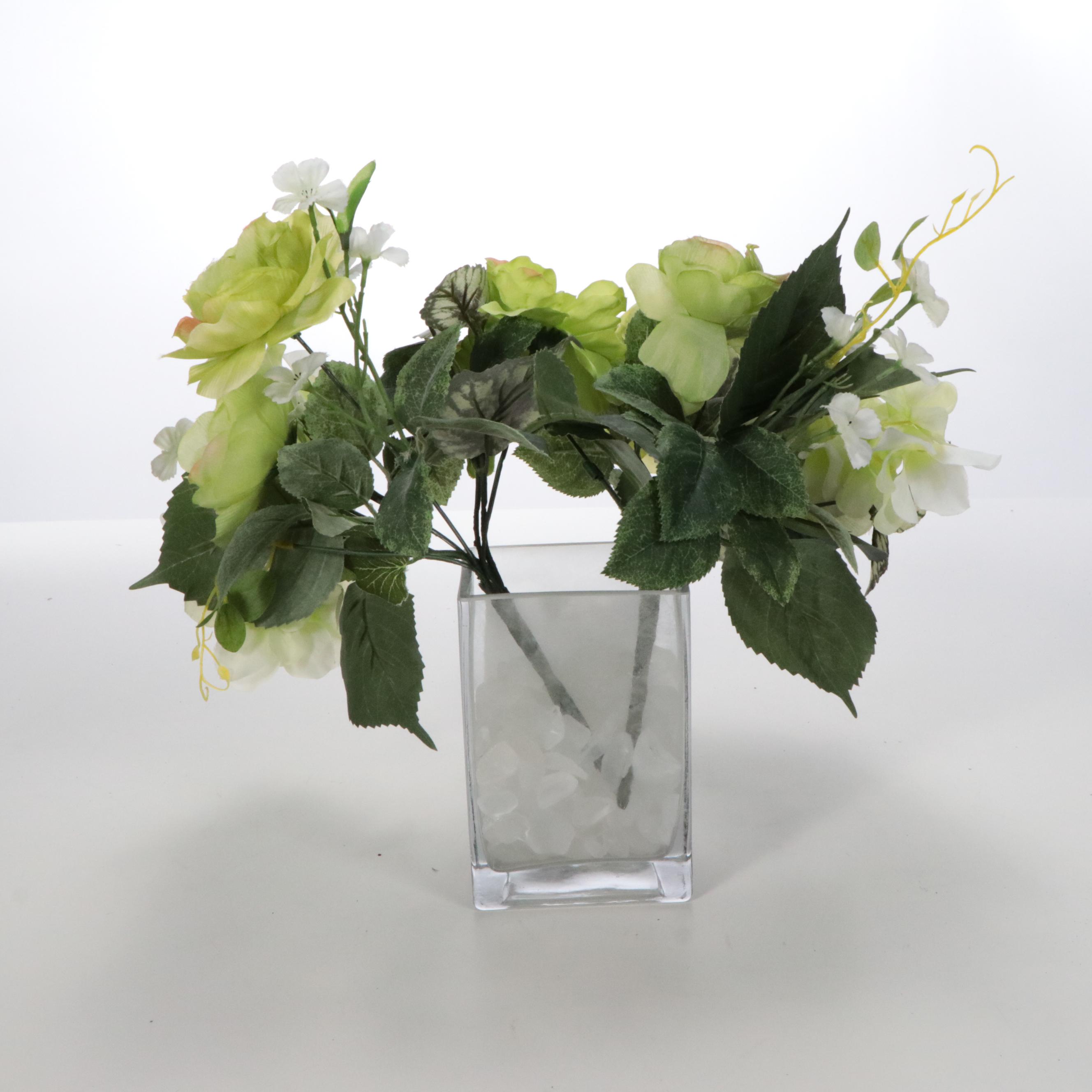 Faux Floral Arrangement in Chanel No. 5 Perfume Bottle Vase with Parrot Figurine