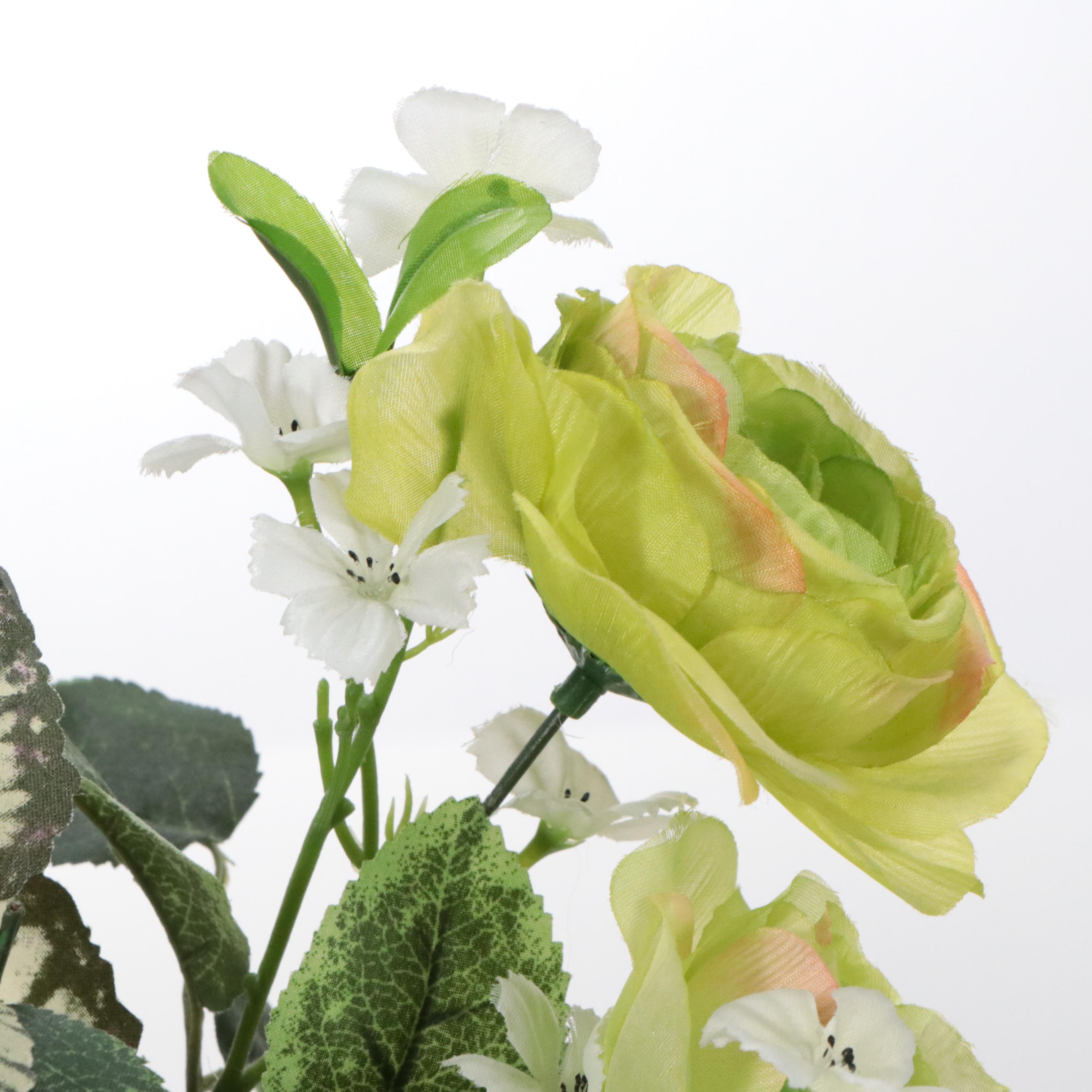 Faux Floral Arrangement in Chanel No. 5 Perfume Bottle Vase with Parrot Figurine