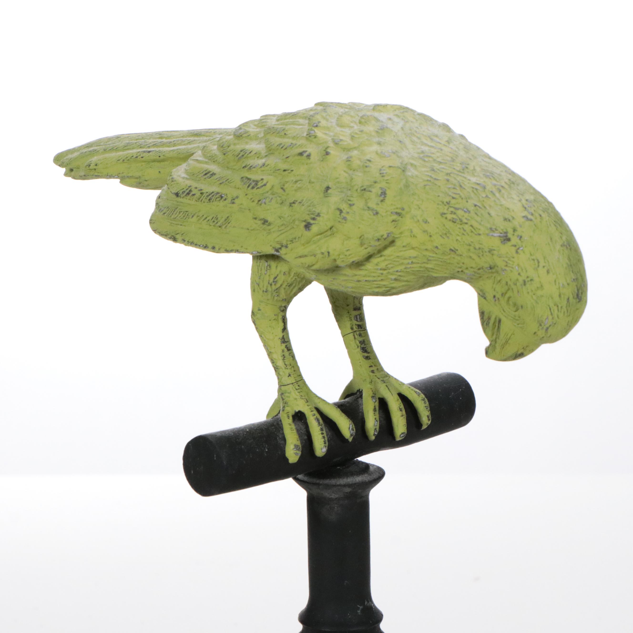 Faux Floral Arrangement in Chanel No. 5 Perfume Bottle Vase with Parrot Figurine