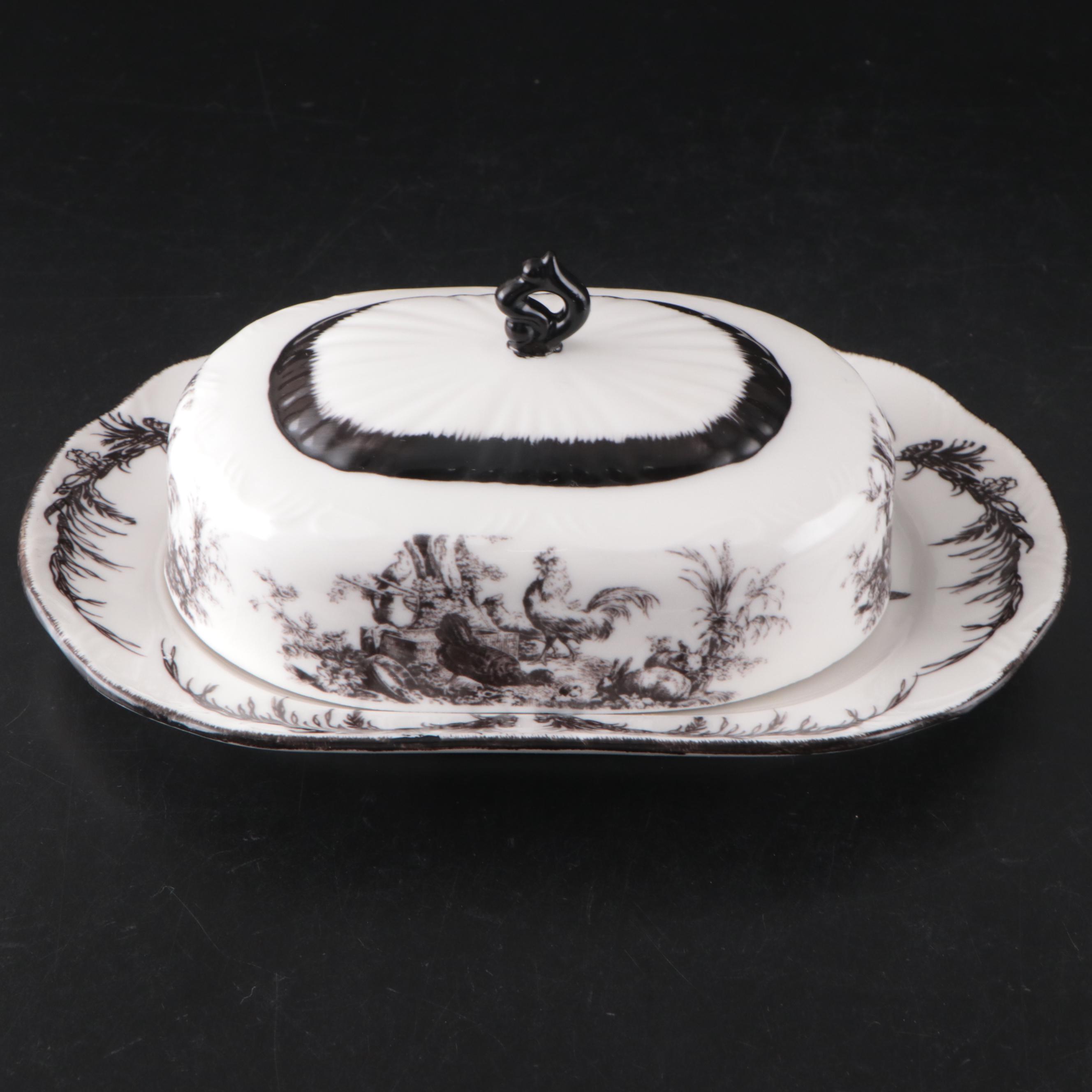 Aux au Provence Ceramic Dinnerware with Black Toile Rooster Motif