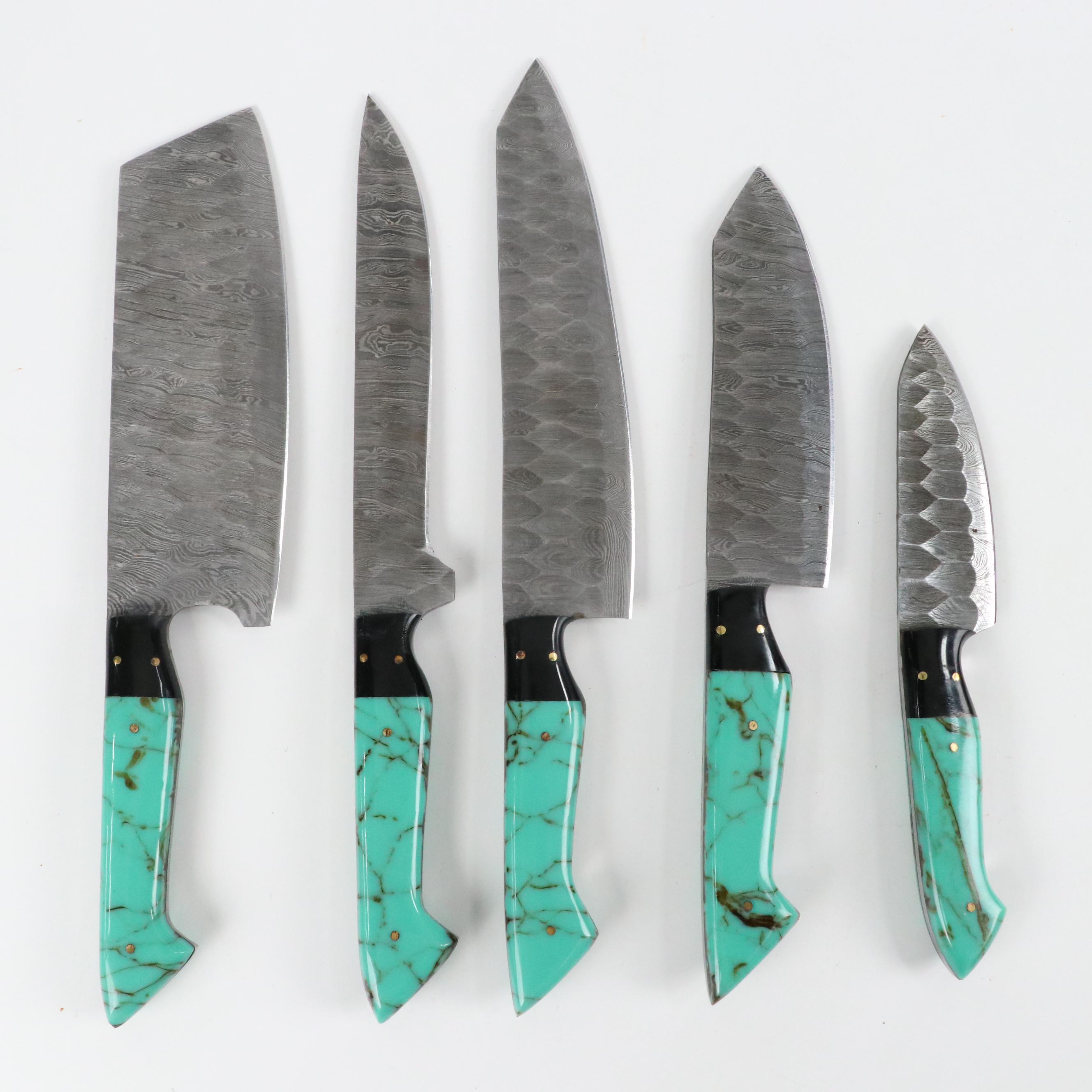 Damascus Steel Resin Handled Chef's Knife Set in Leather Knife Roll