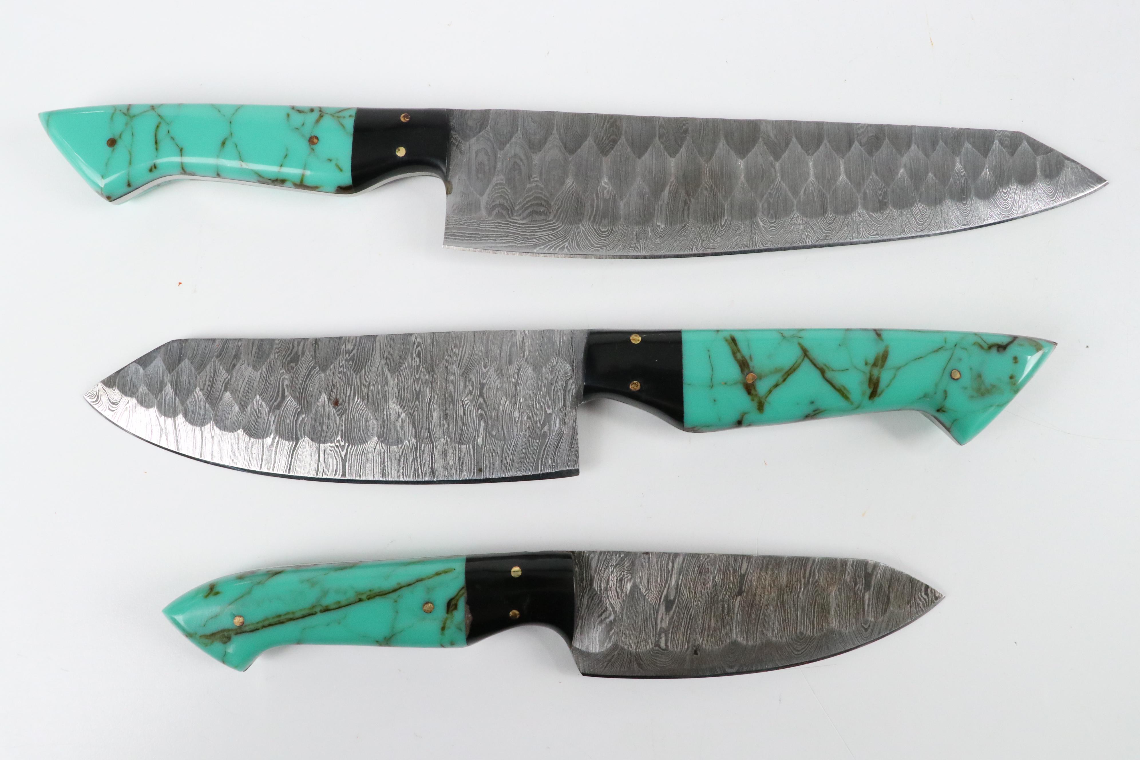 Damascus Steel Resin Handled Chef's Knife Set in Leather Knife Roll