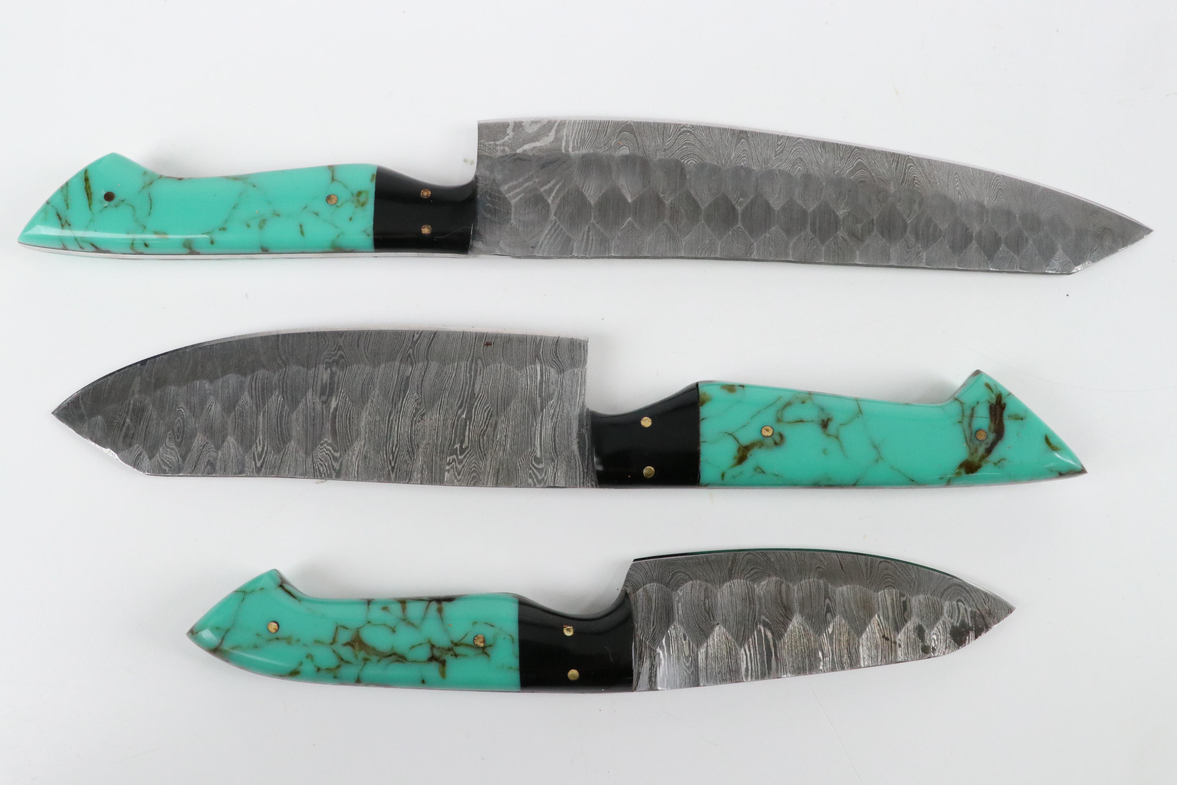 Damascus Steel Resin Handled Chef's Knife Set in Leather Knife Roll