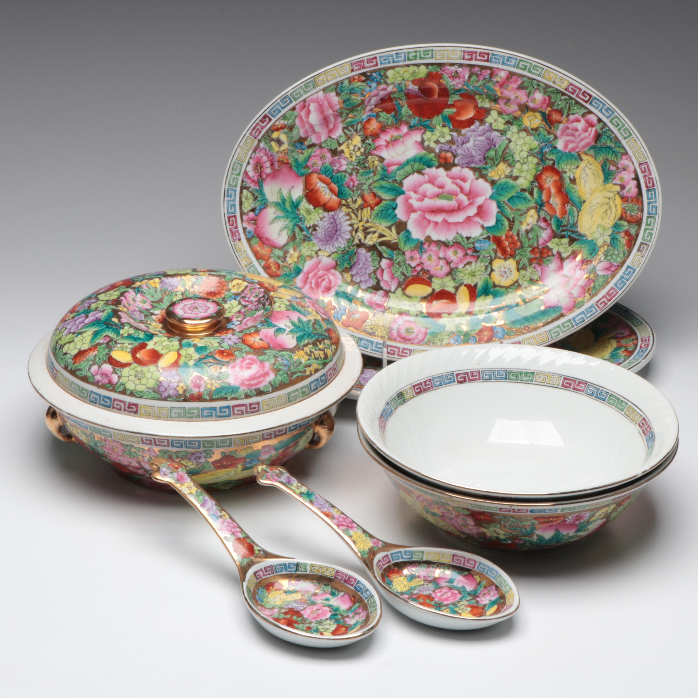 Chinese Thousand Flowers Gilt Porcelain Tray, Bowls, Lidded Dish & More