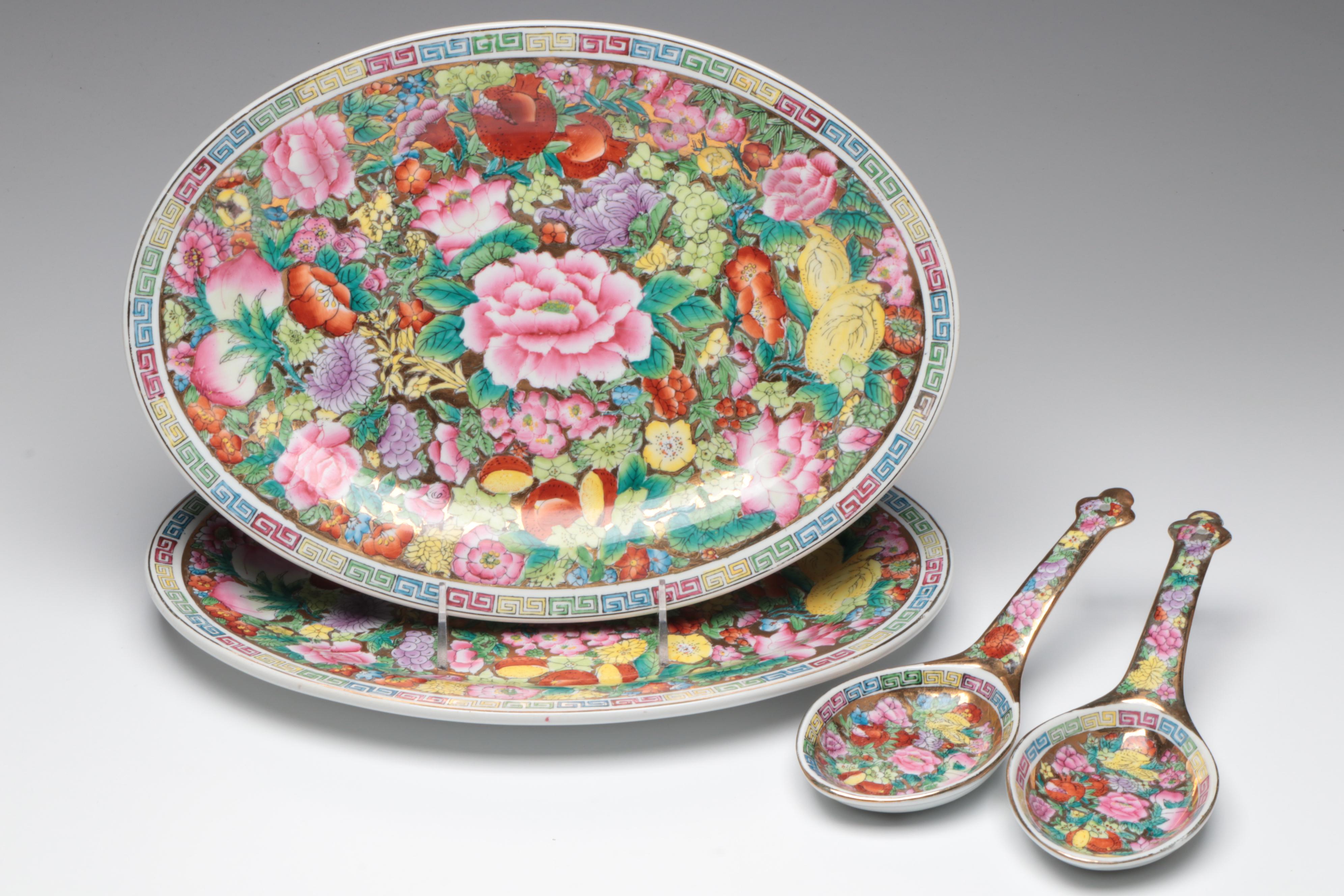Chinese Thousand Flowers Gilt Porcelain Tray, Bowls, Lidded Dish & More