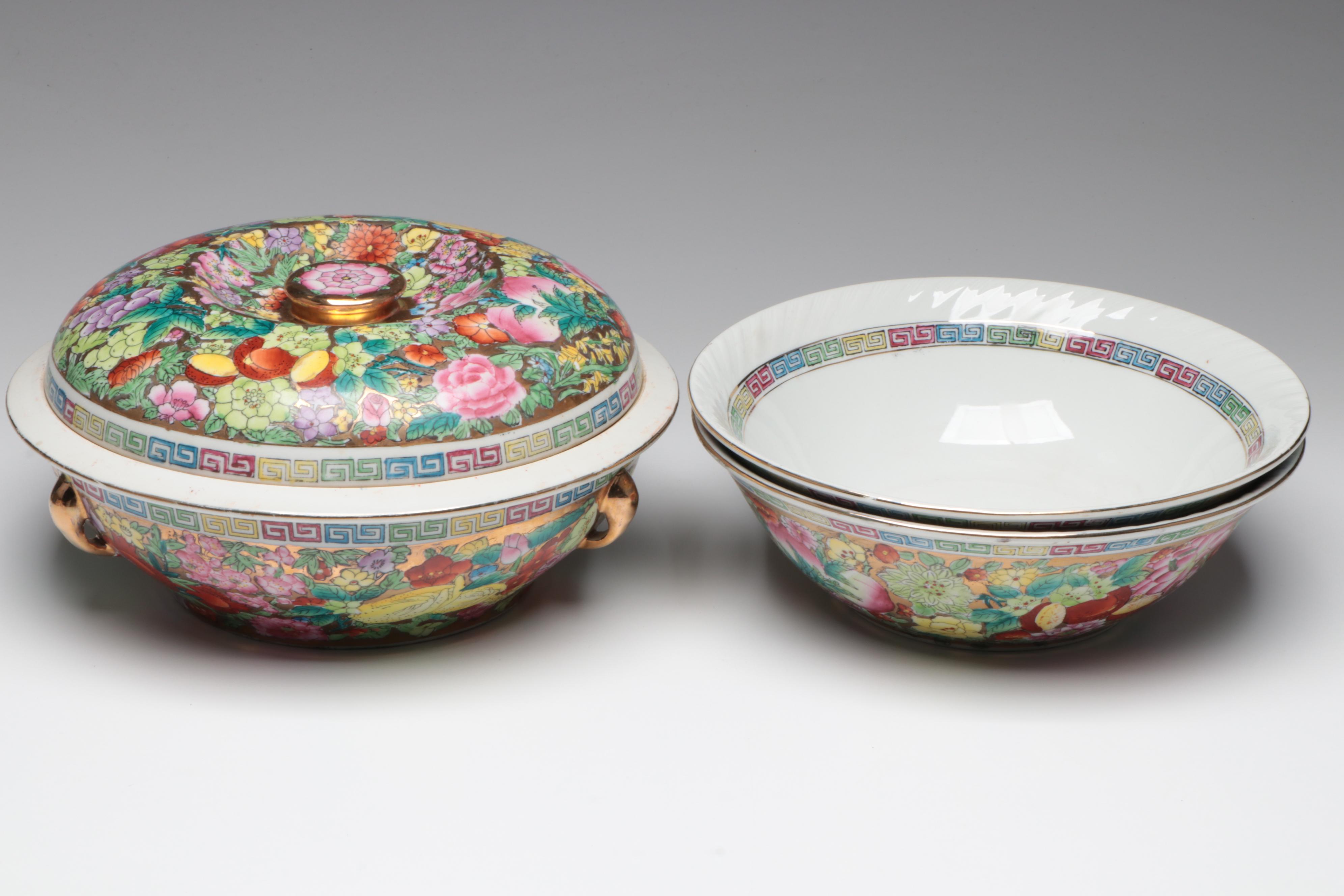 Chinese Thousand Flowers Gilt Porcelain Tray, Bowls, Lidded Dish & More