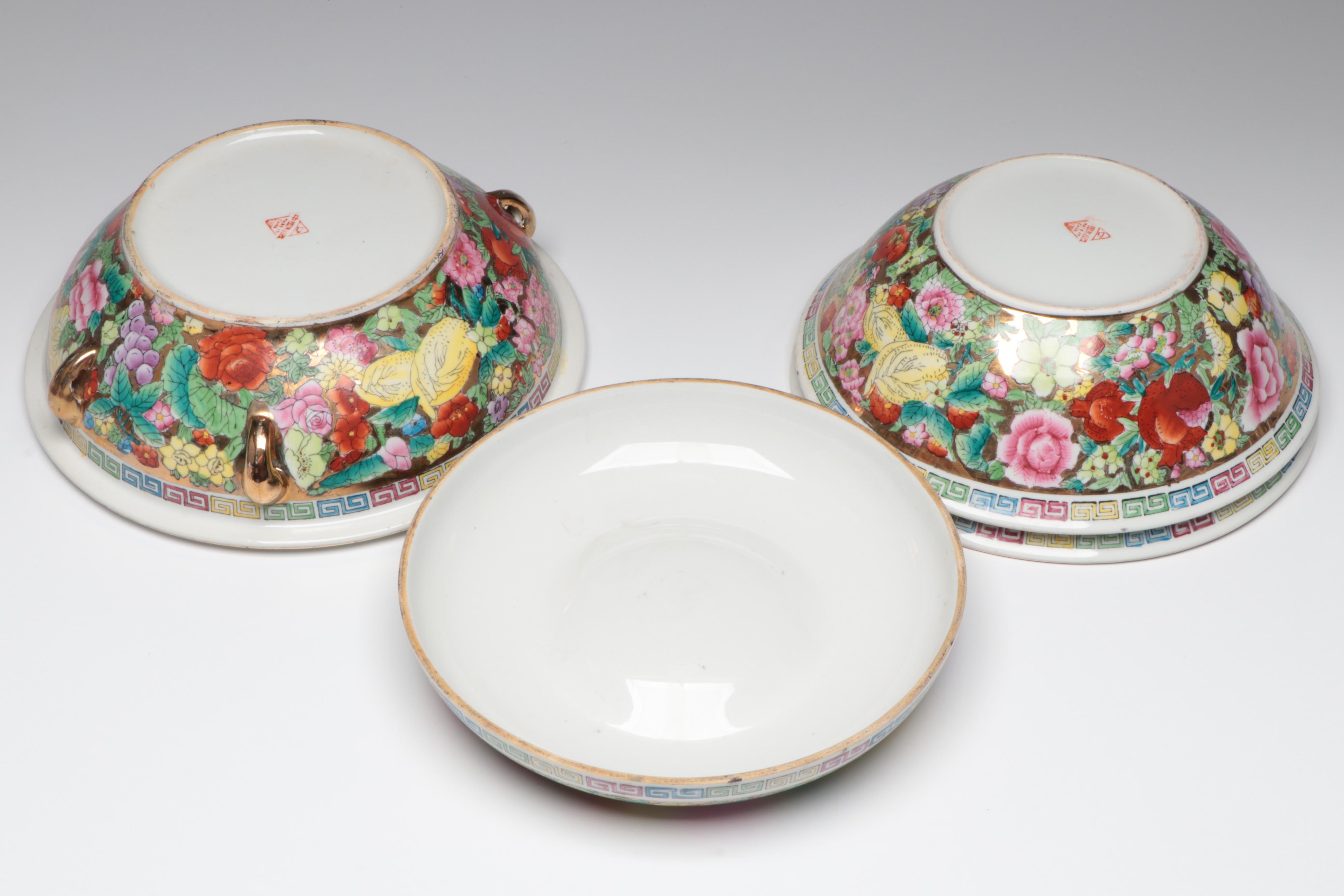 Chinese Thousand Flowers Gilt Porcelain Tray, Bowls, Lidded Dish & More