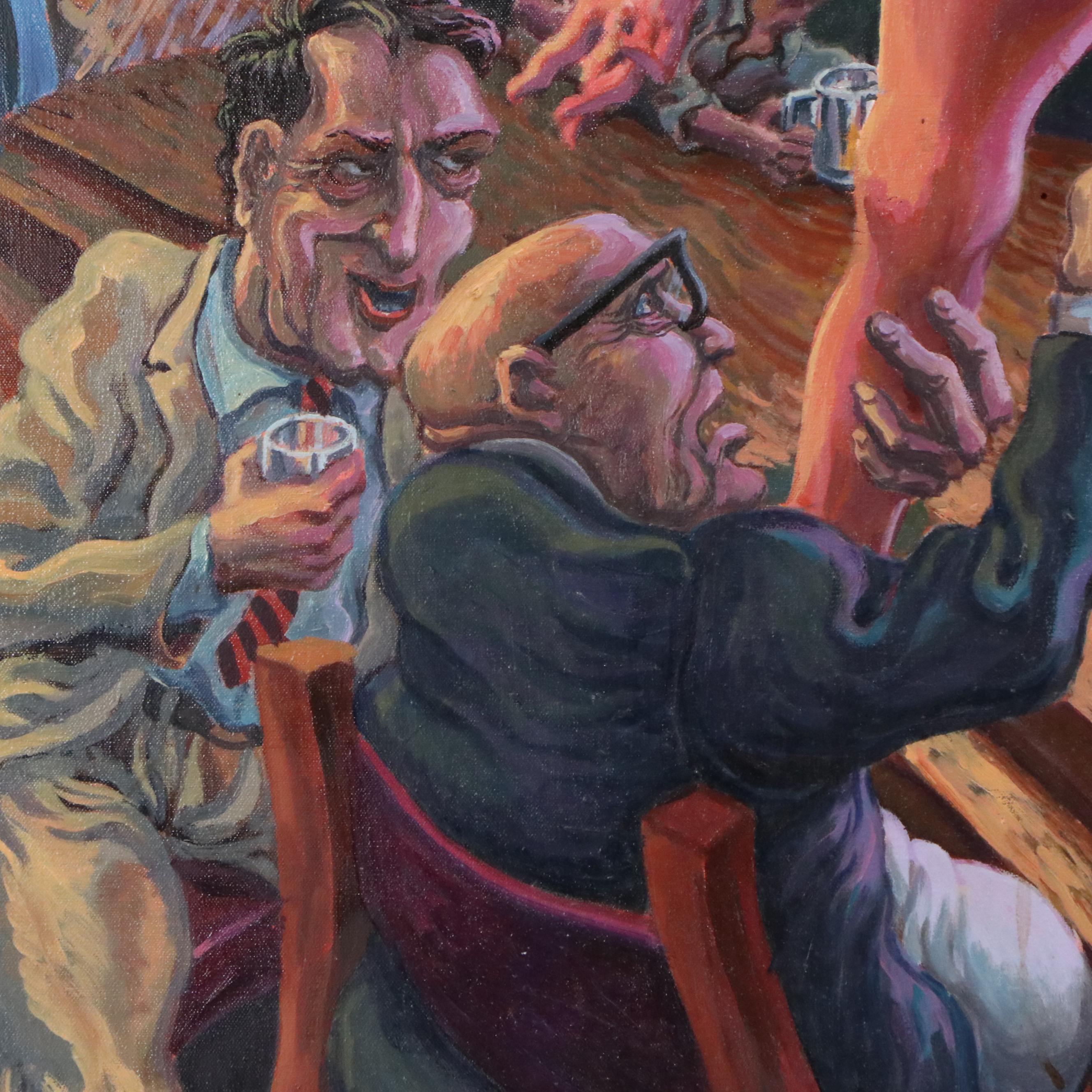 Travis Kelly Genre Oil Painting of Strip Club Scene, Circa 2000