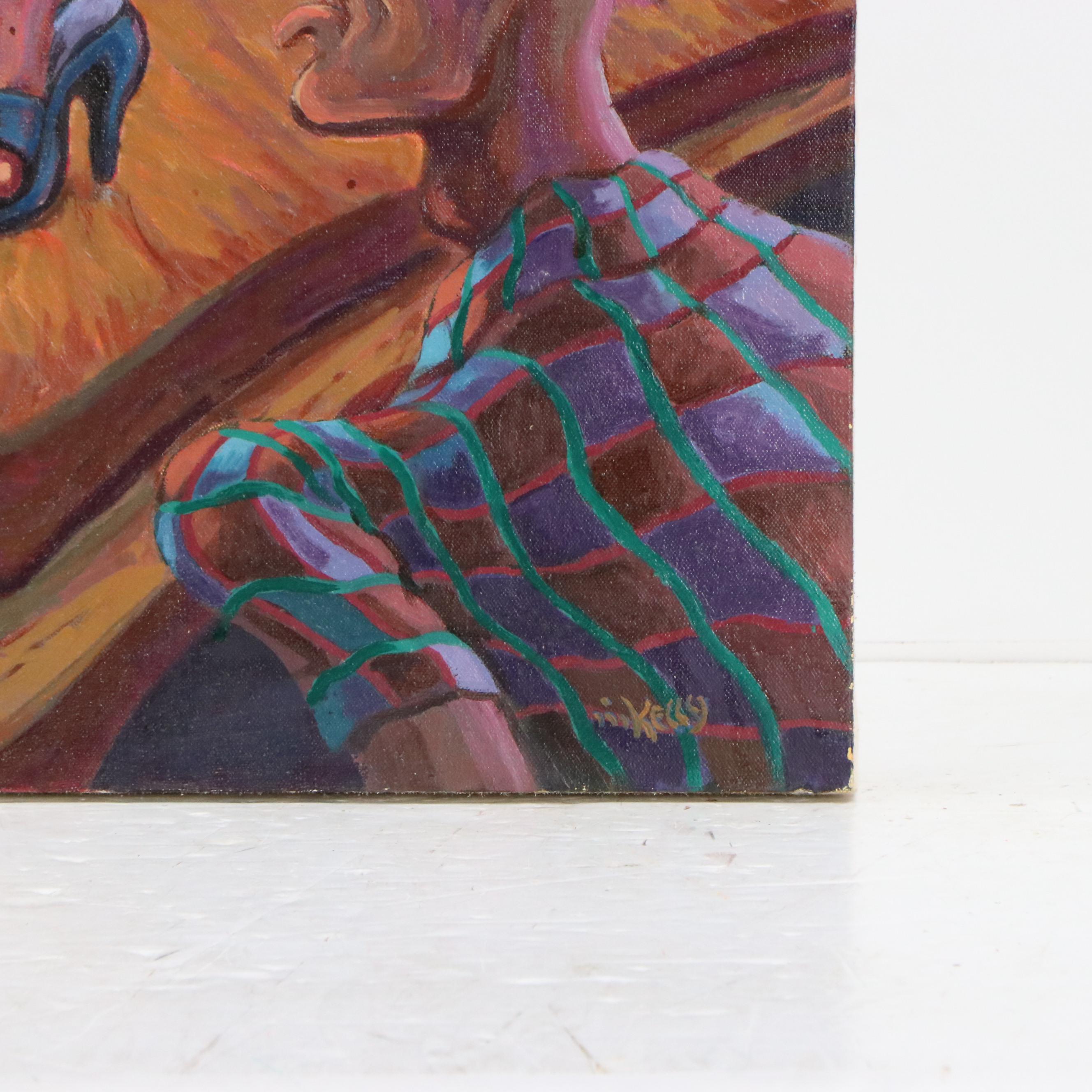 Travis Kelly Genre Oil Painting of Strip Club Scene, Circa 2000