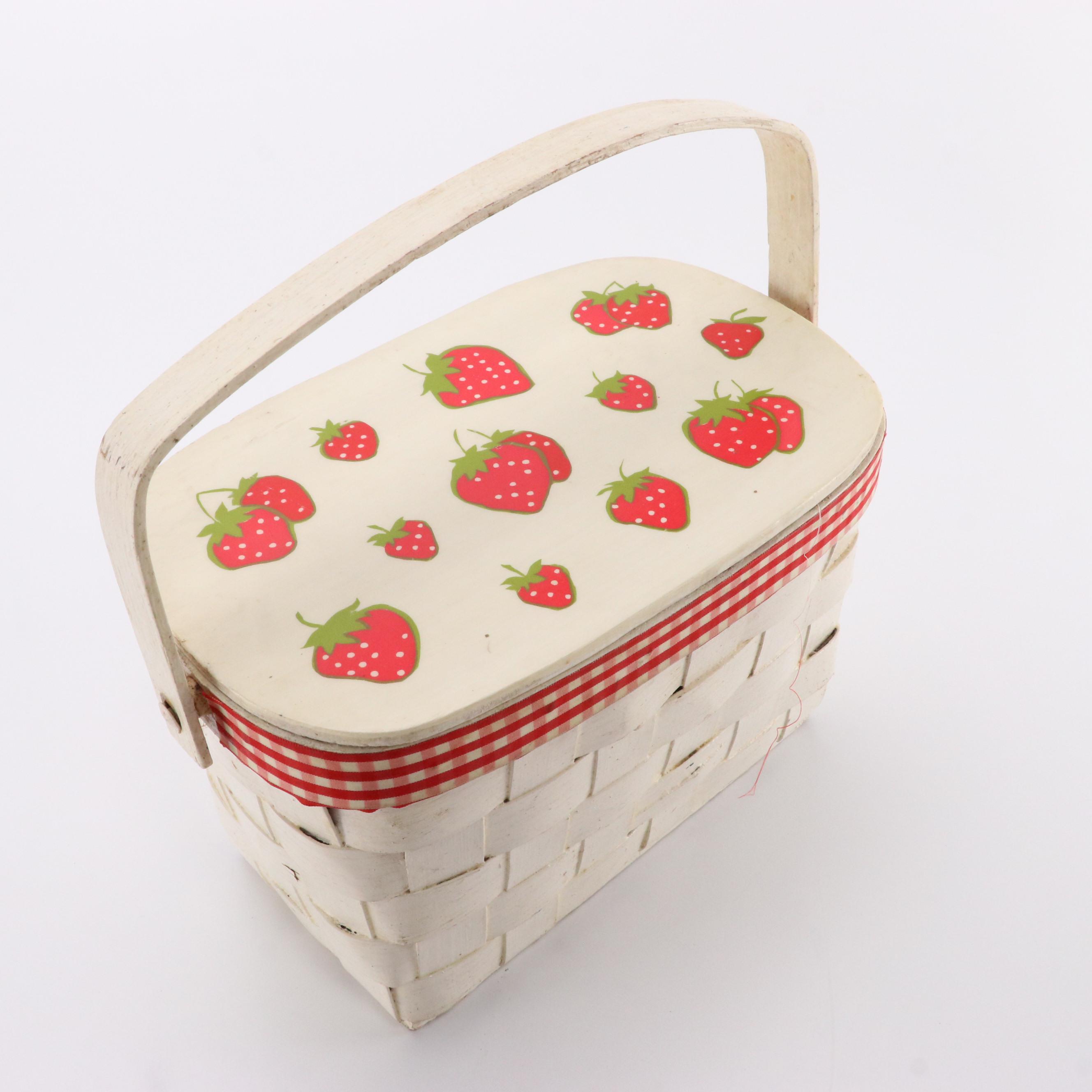Vintage Hand-Painted and Strawberry Decoupaged Woven Wood Picnic Basket