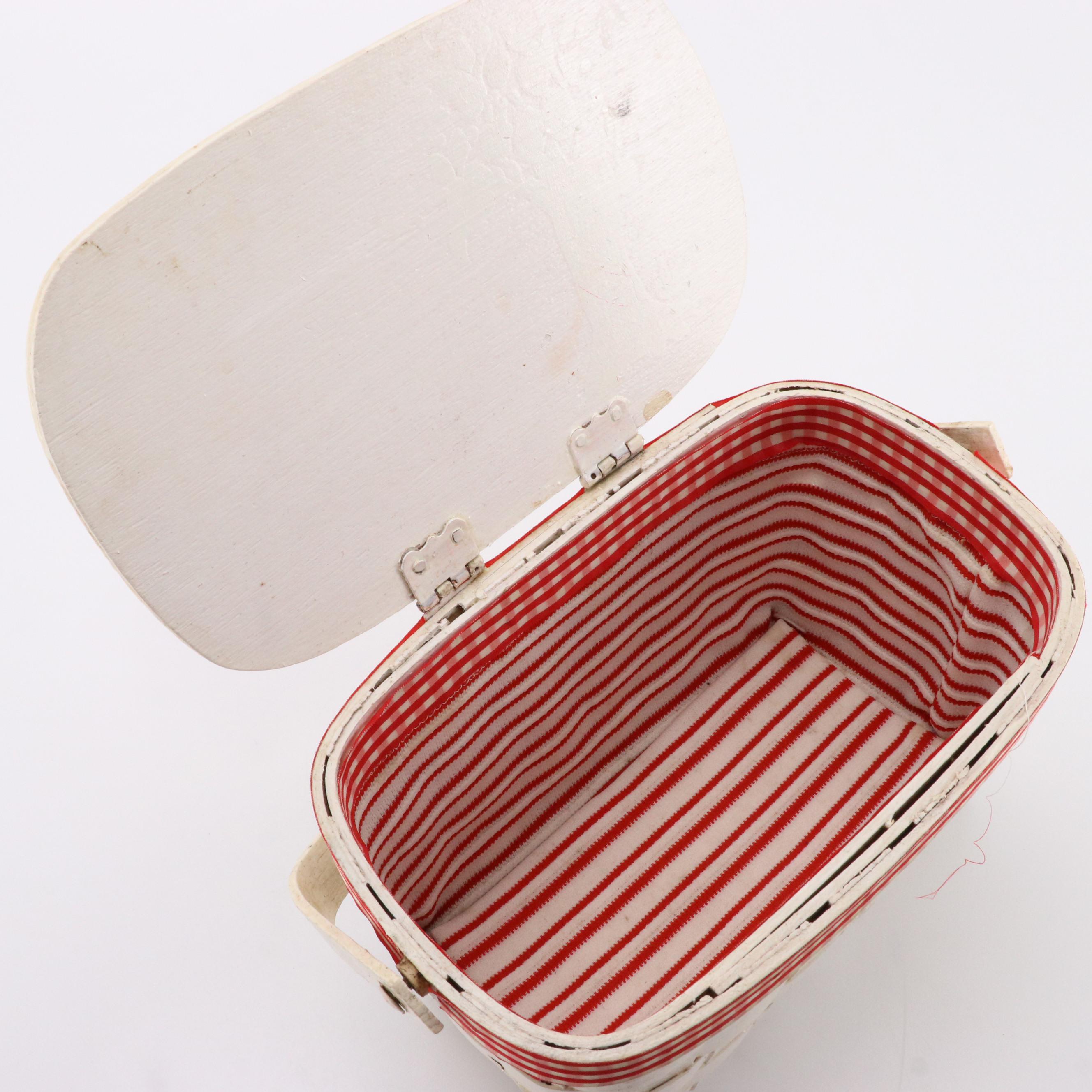 Vintage Hand-Painted and Strawberry Decoupaged Woven Wood Picnic Basket