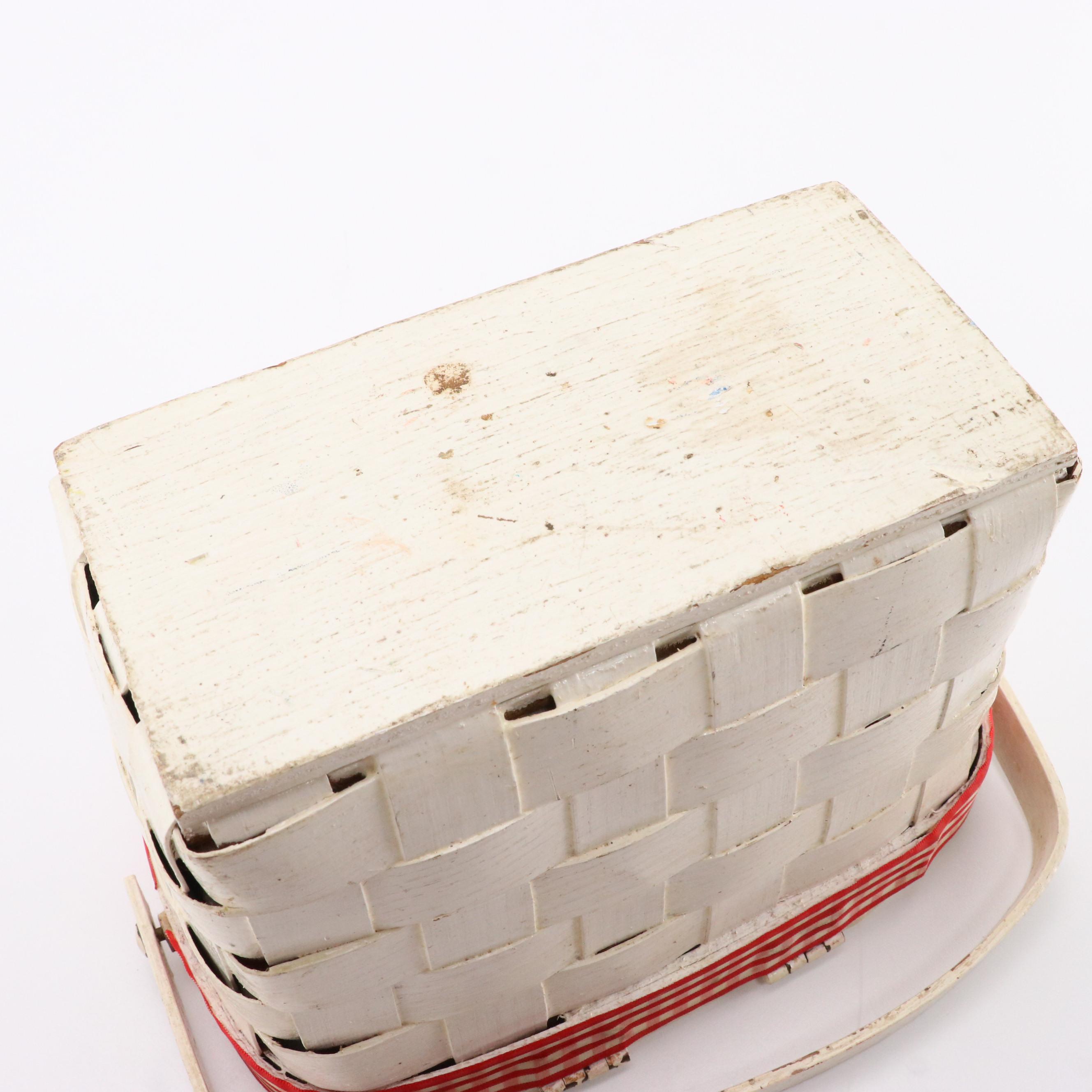 Vintage Hand-Painted and Strawberry Decoupaged Woven Wood Picnic Basket