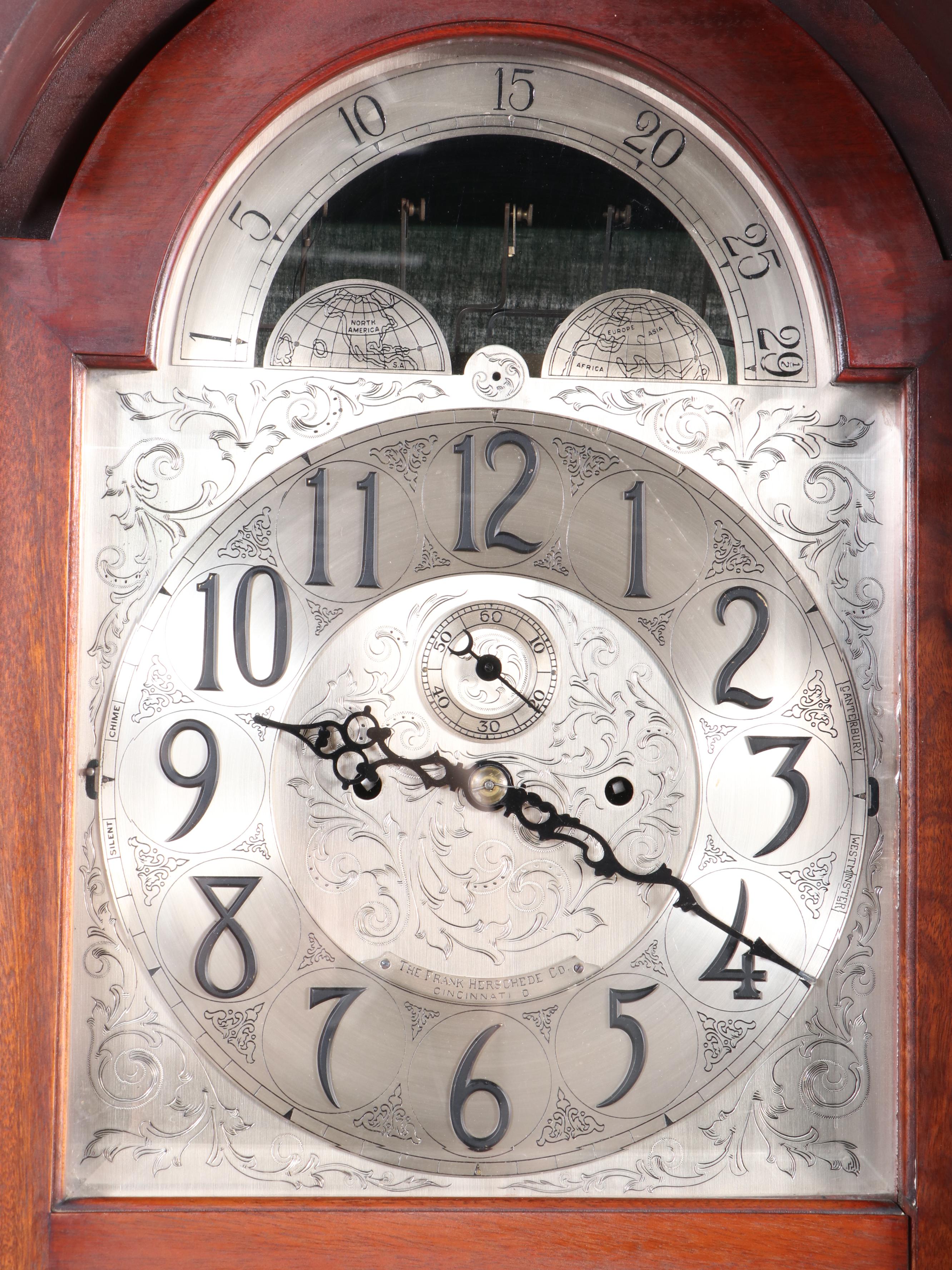 Frank Herschede Mahogany Grandfather Clock, Early to Mid-20th Century
