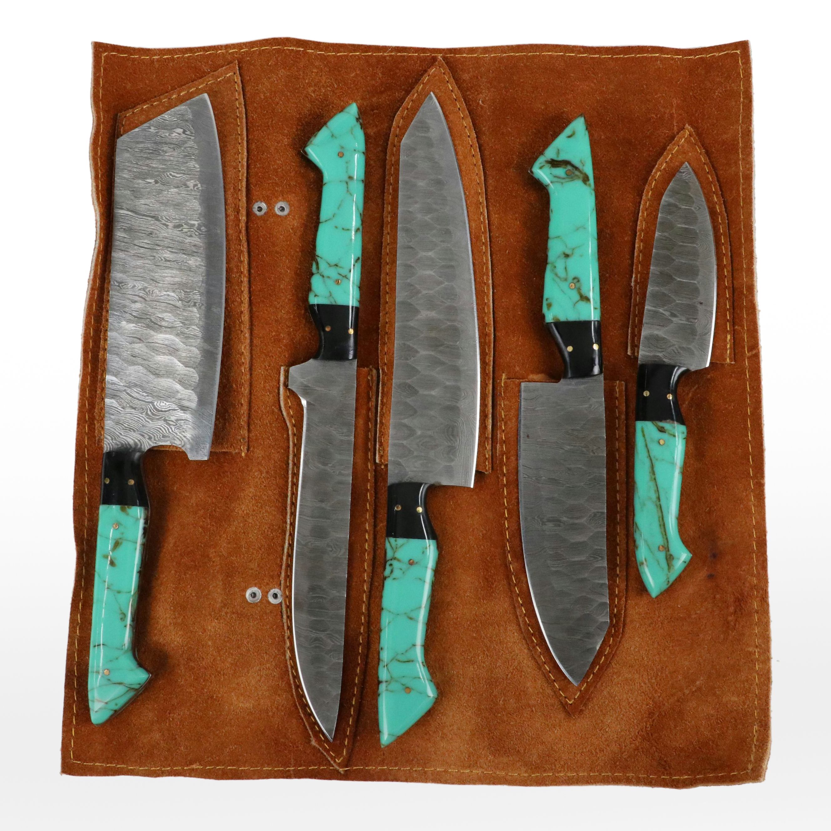 Damascus Steel Resin Handled Chef's Knife Set in Leather Knife Roll