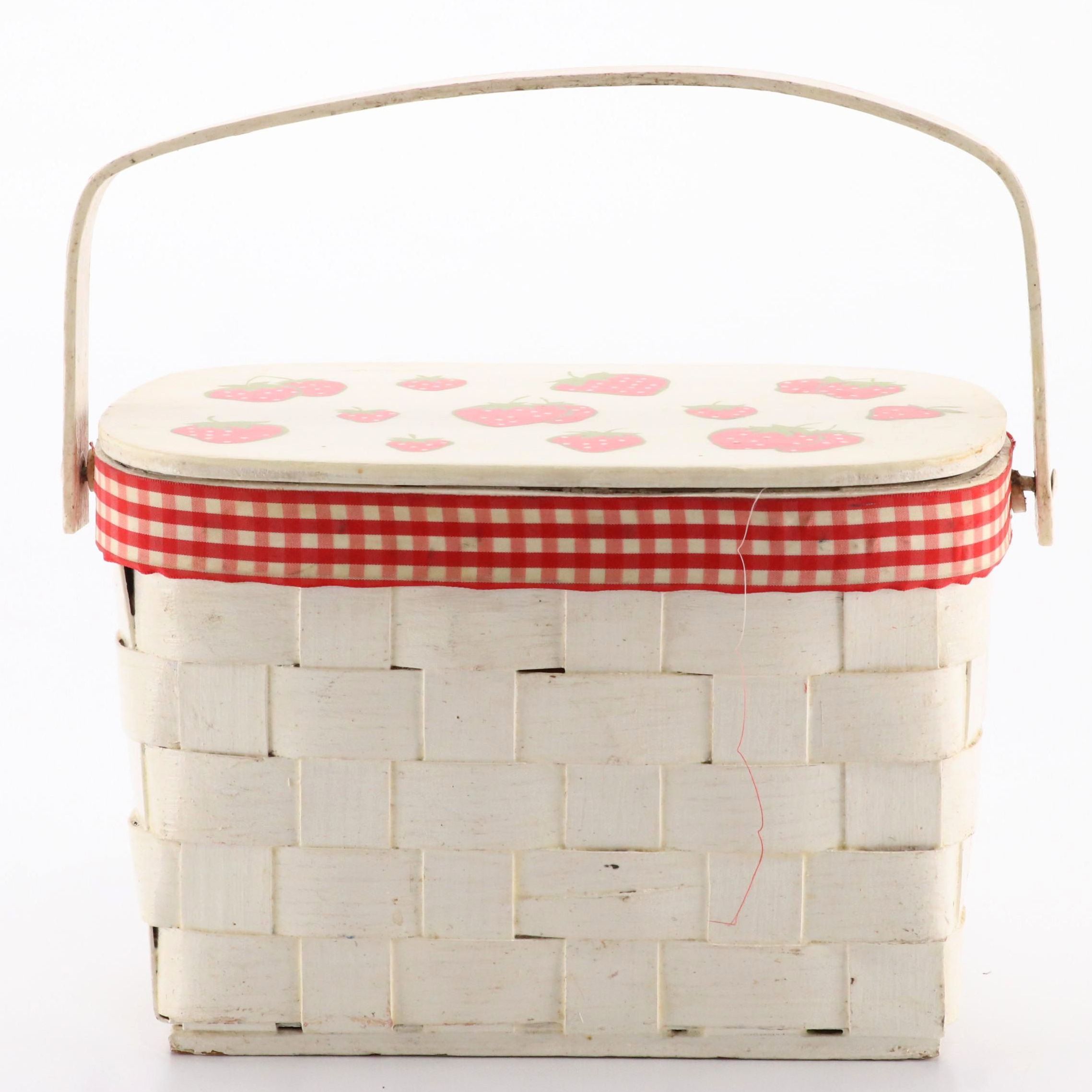 Vintage Hand-Painted and Strawberry Decoupaged Woven Wood Picnic Basket