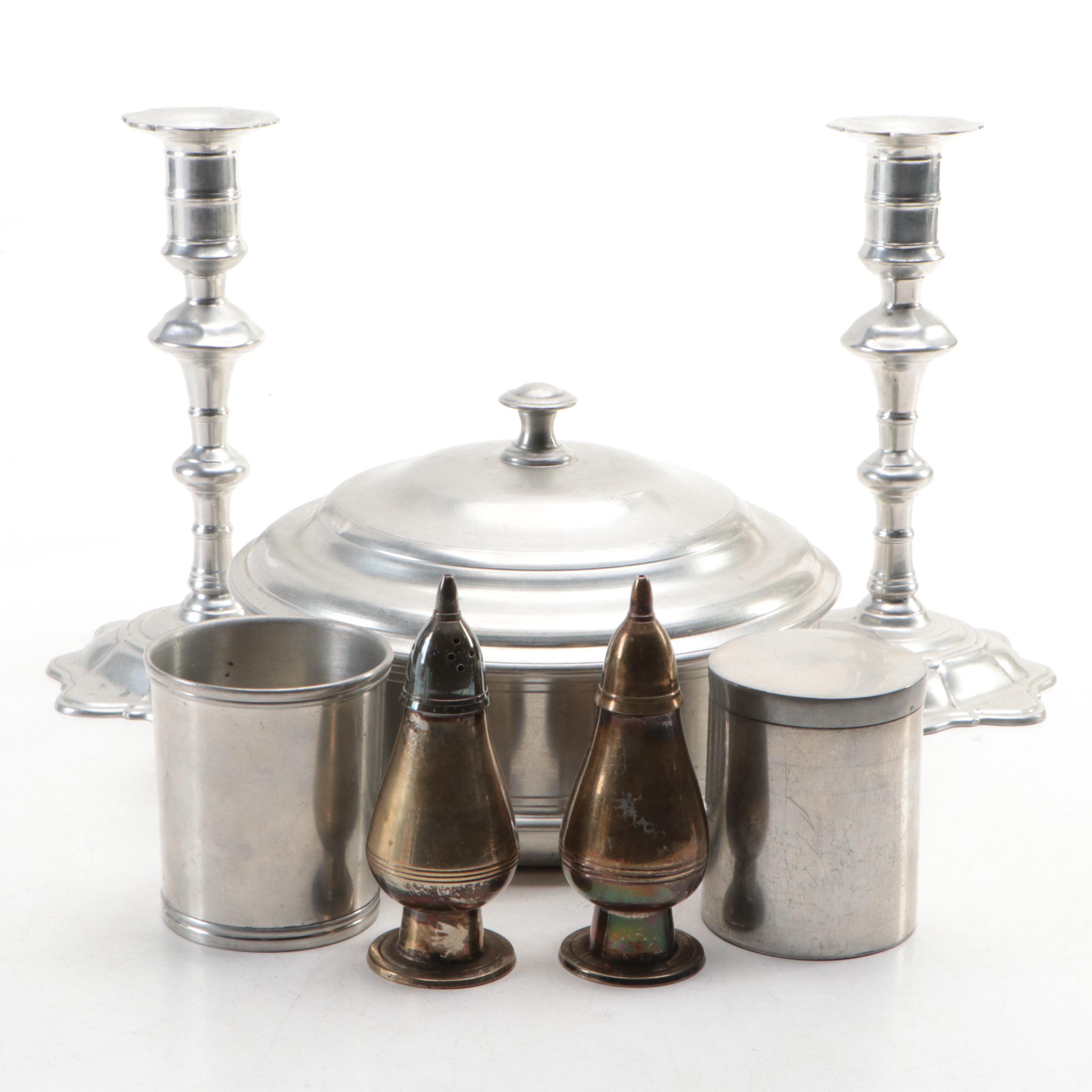Kirk-Stieff Pewter Candlesticks with Other Shakers, Pot, Cup and Canister