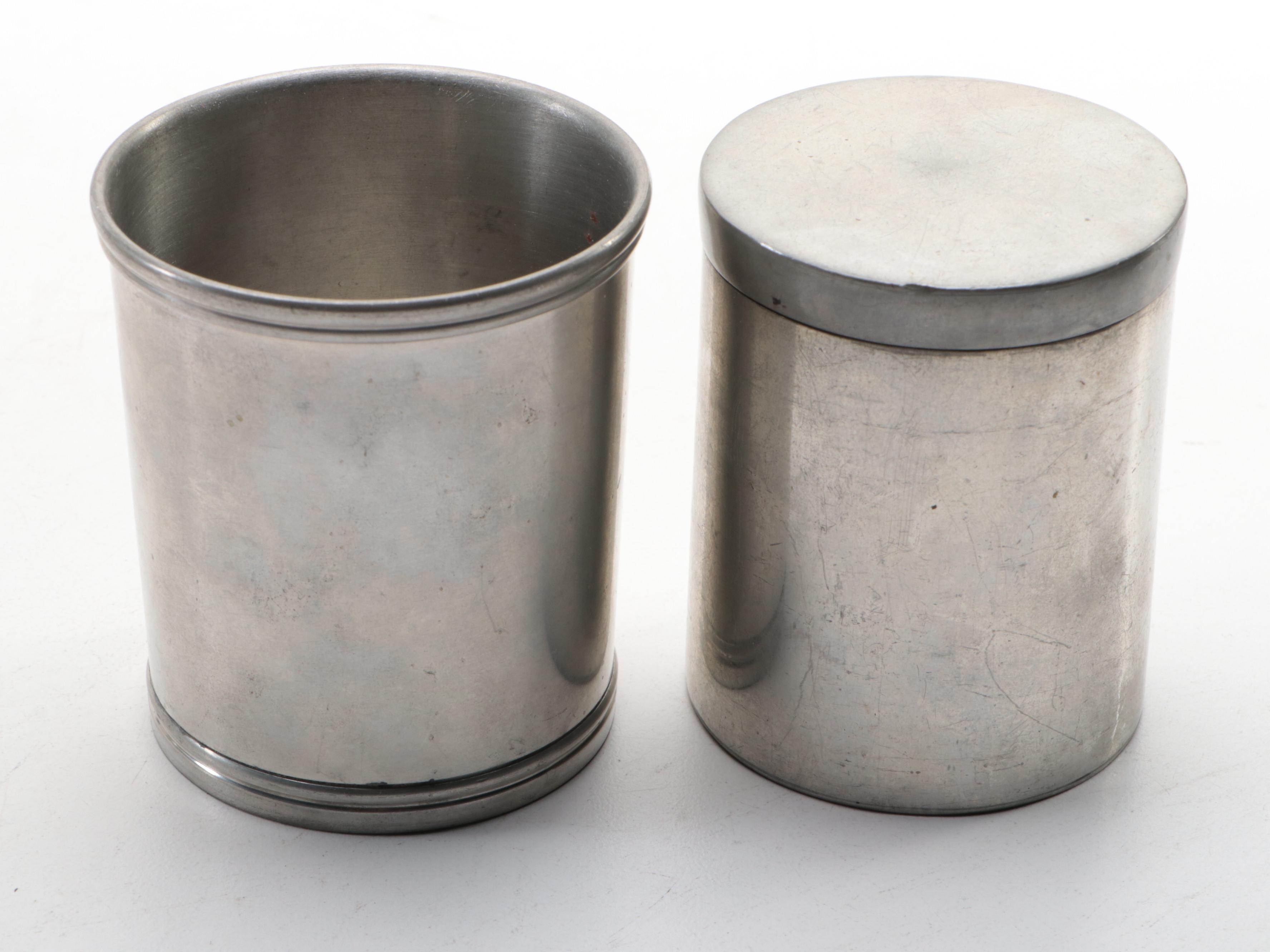 Kirk-Stieff Pewter Candlesticks with Other Shakers, Pot, Cup and Canister