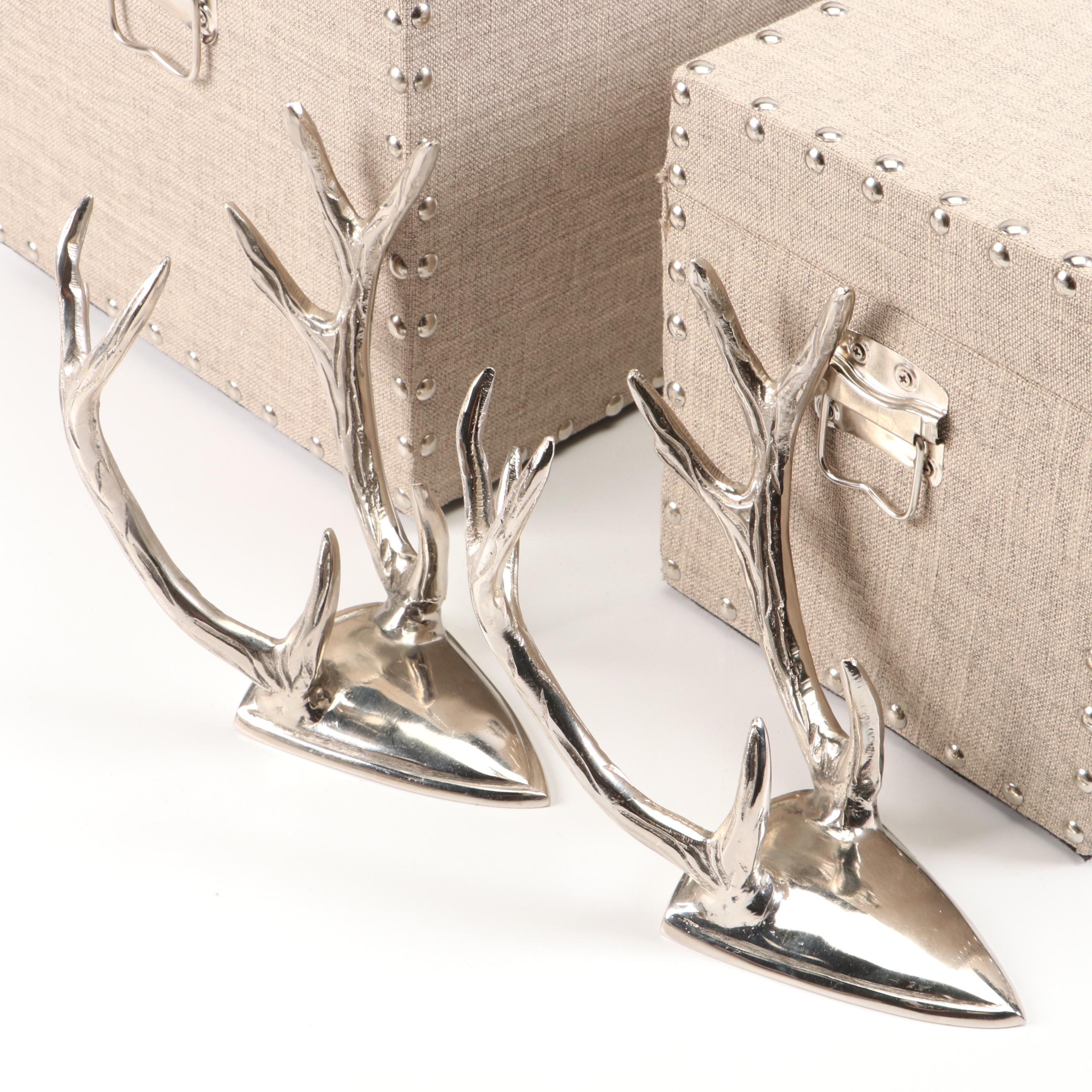 Tweed-Covered Boxes with Cast Metal Deer Antler Coat Hooks