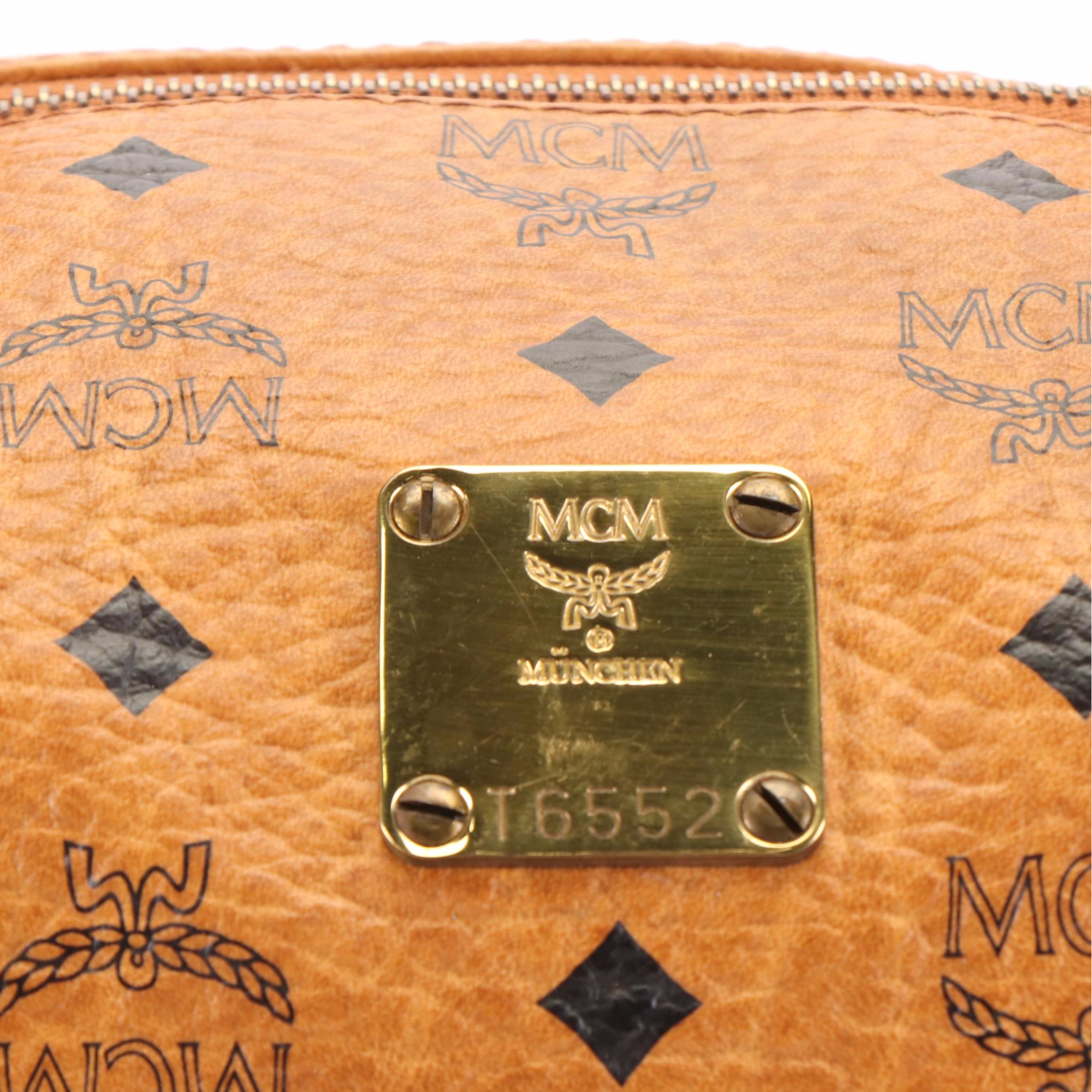 MCM Brown Coated Canvas Visetos Cognac Boston Handbag Everything But