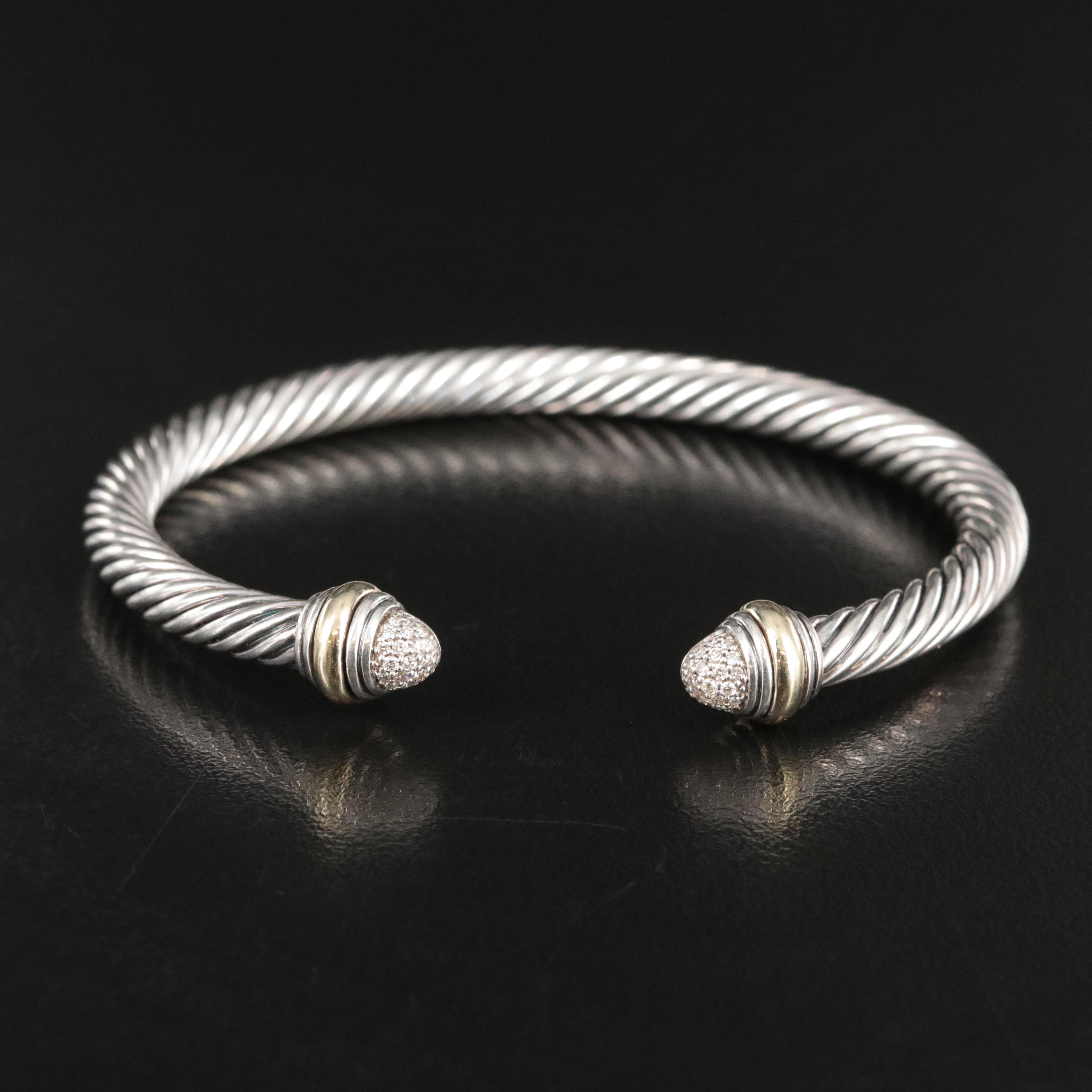 David Yurman Classic Cable Sterling and 14K Bracelet with Diamond Pavé Terminals