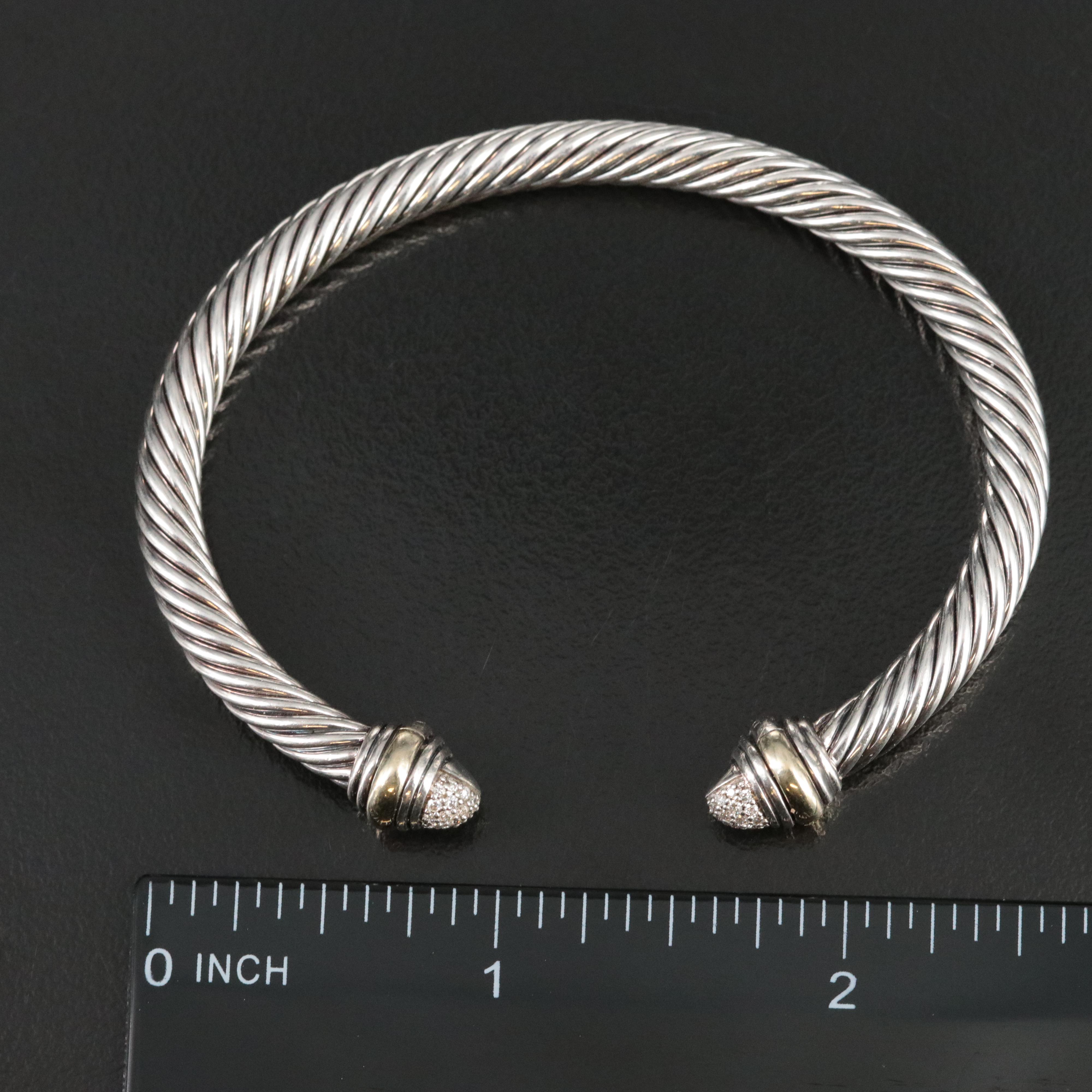 David Yurman Classic Cable Sterling and 14K Bracelet with Diamond Pavé Terminals