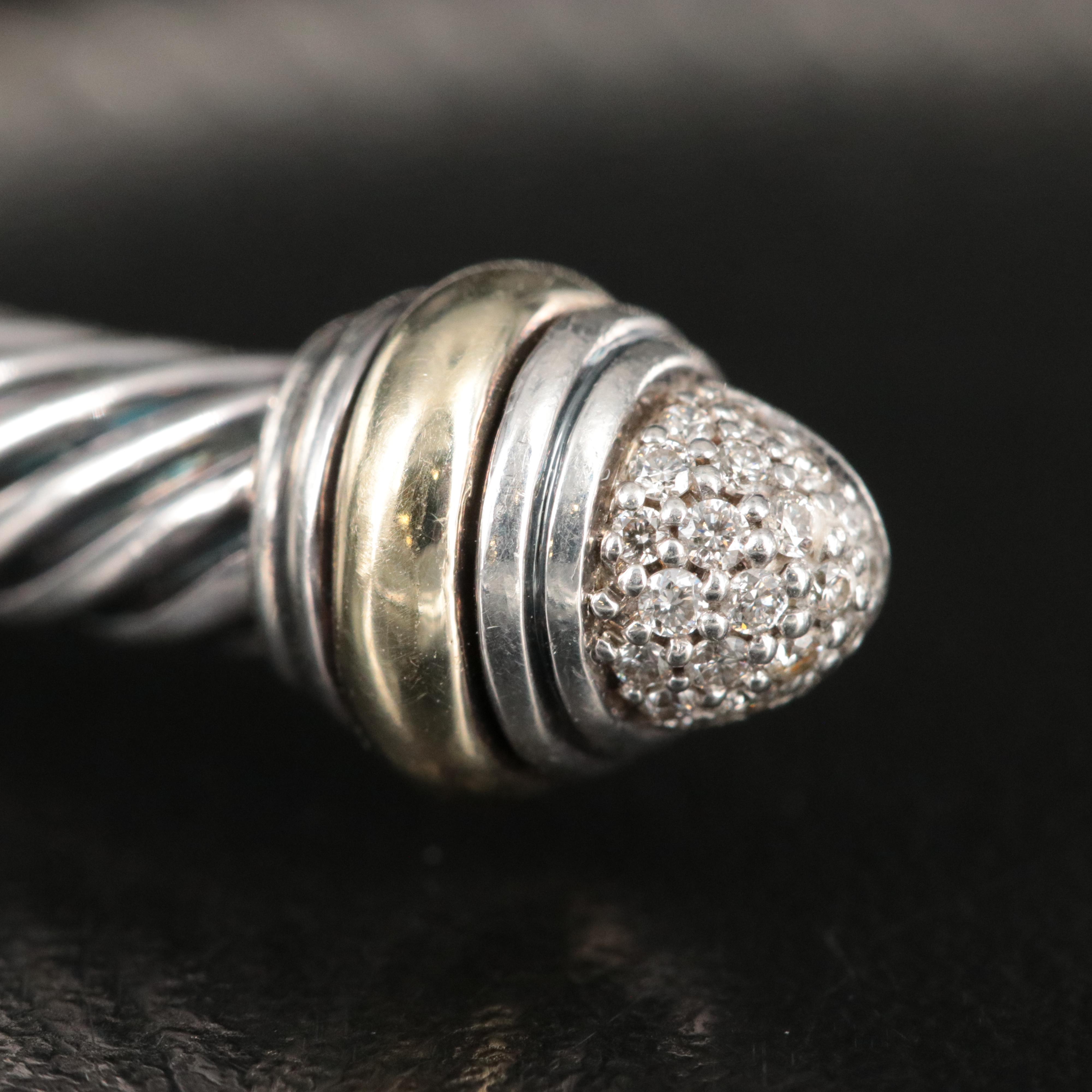 David Yurman Classic Cable Sterling and 14K Bracelet with Diamond Pavé Terminals