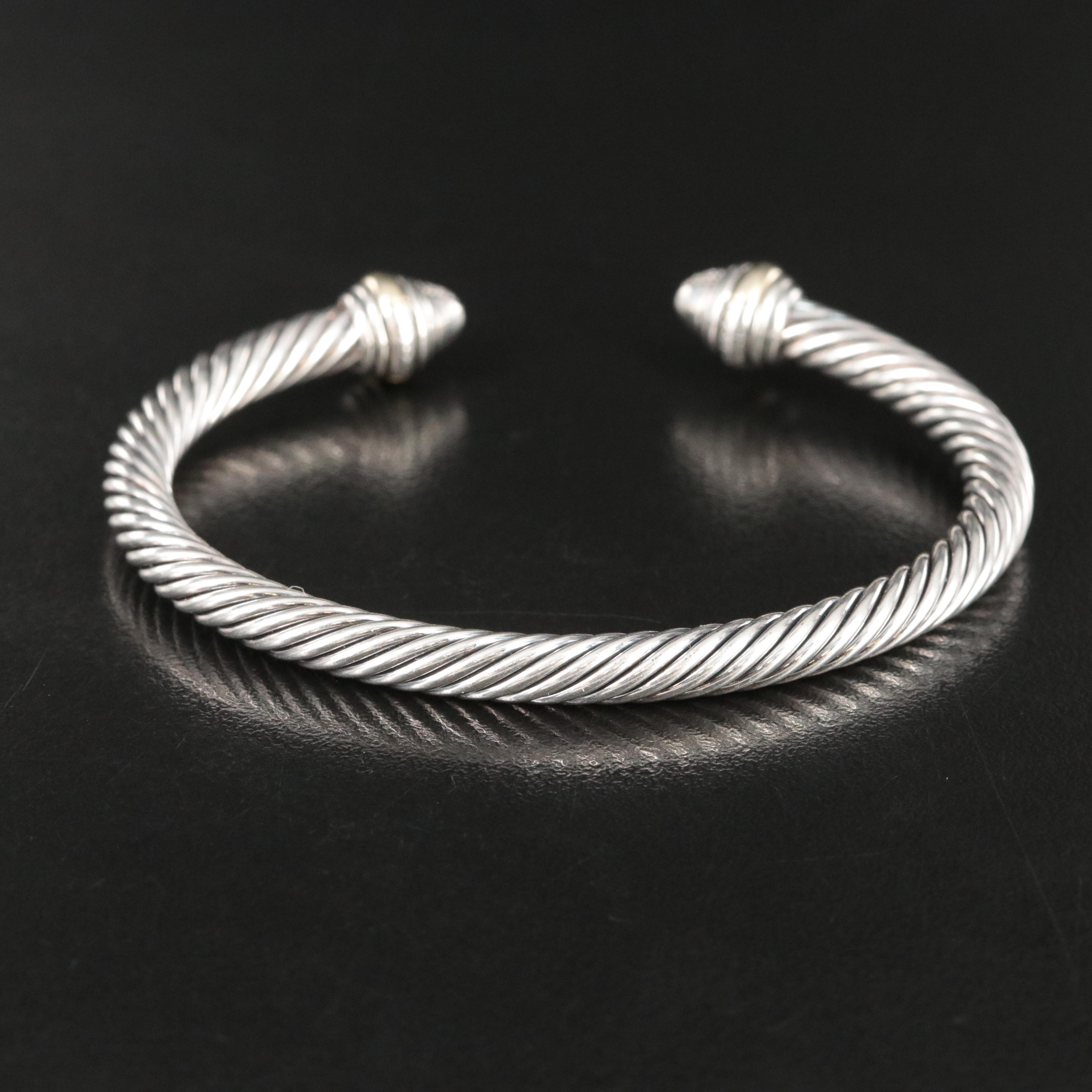 David Yurman Classic Cable Sterling and 14K Bracelet with Diamond Pavé Terminals