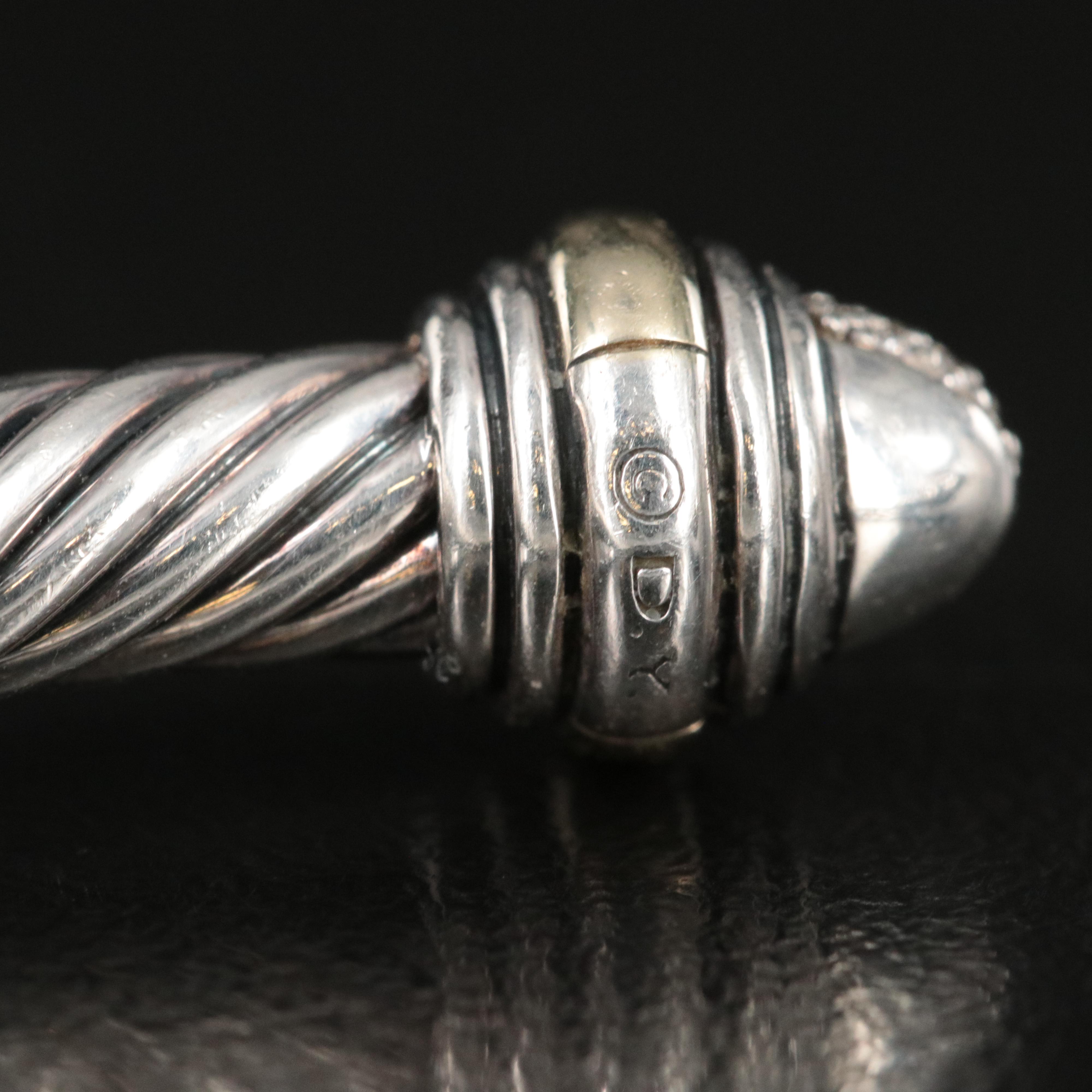 David Yurman Classic Cable Sterling and 14K Bracelet with Diamond Pavé Terminals