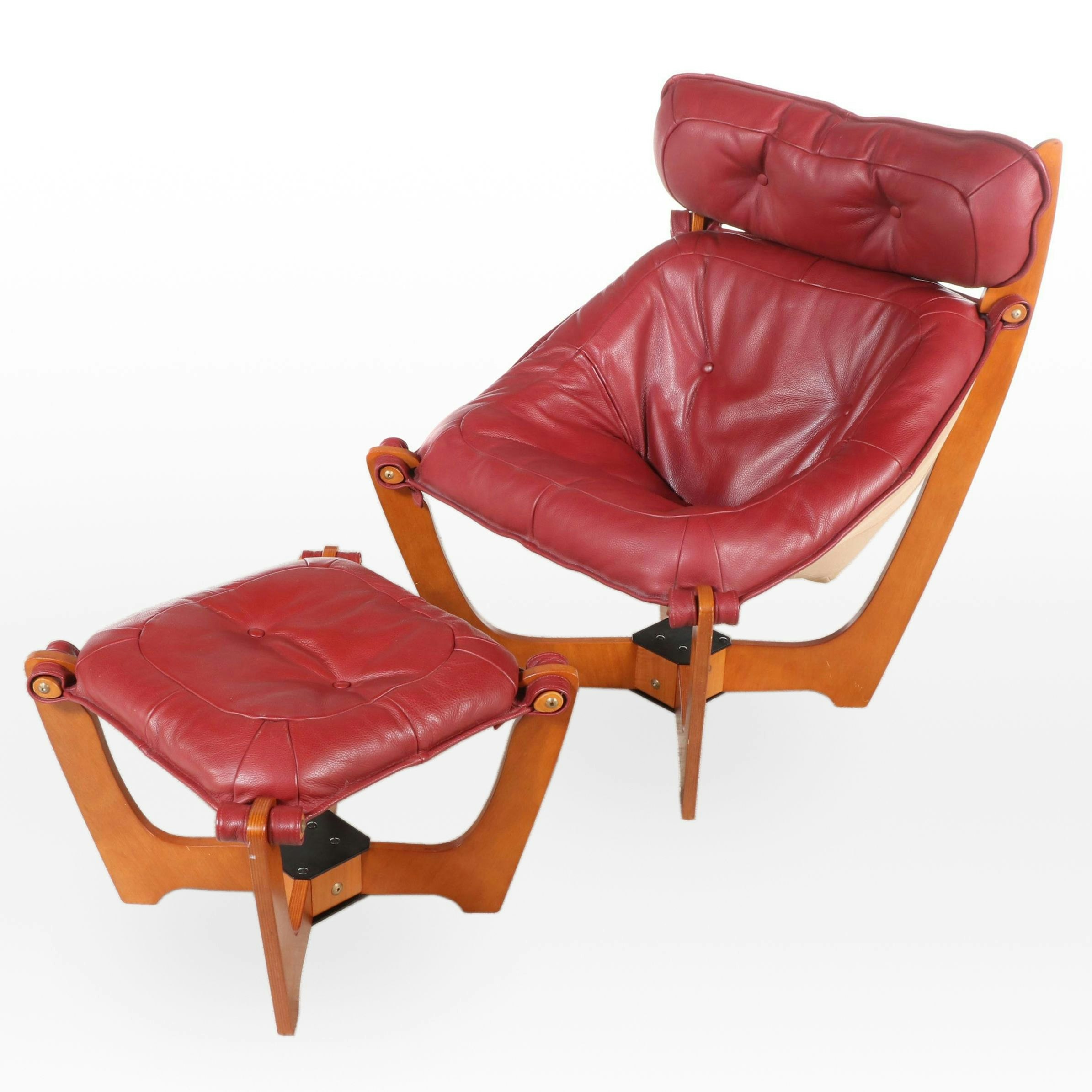 Pair of Odd Knutsen for IMG "Luna" Leather High-Back Lounge Chairs with Ottomans
