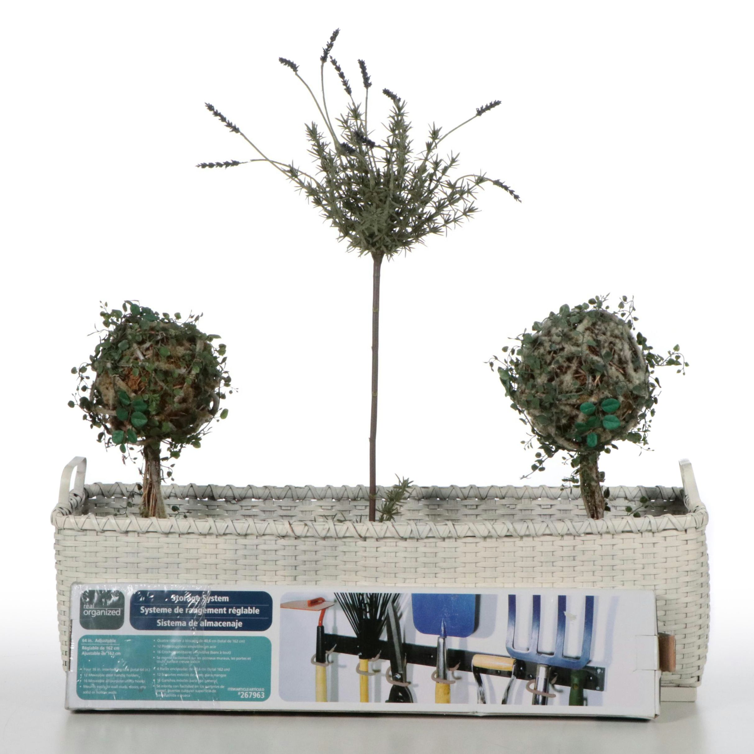 White Composite Wicker Planter Box, Faux Topiaries & Faux Lavender Tree, More