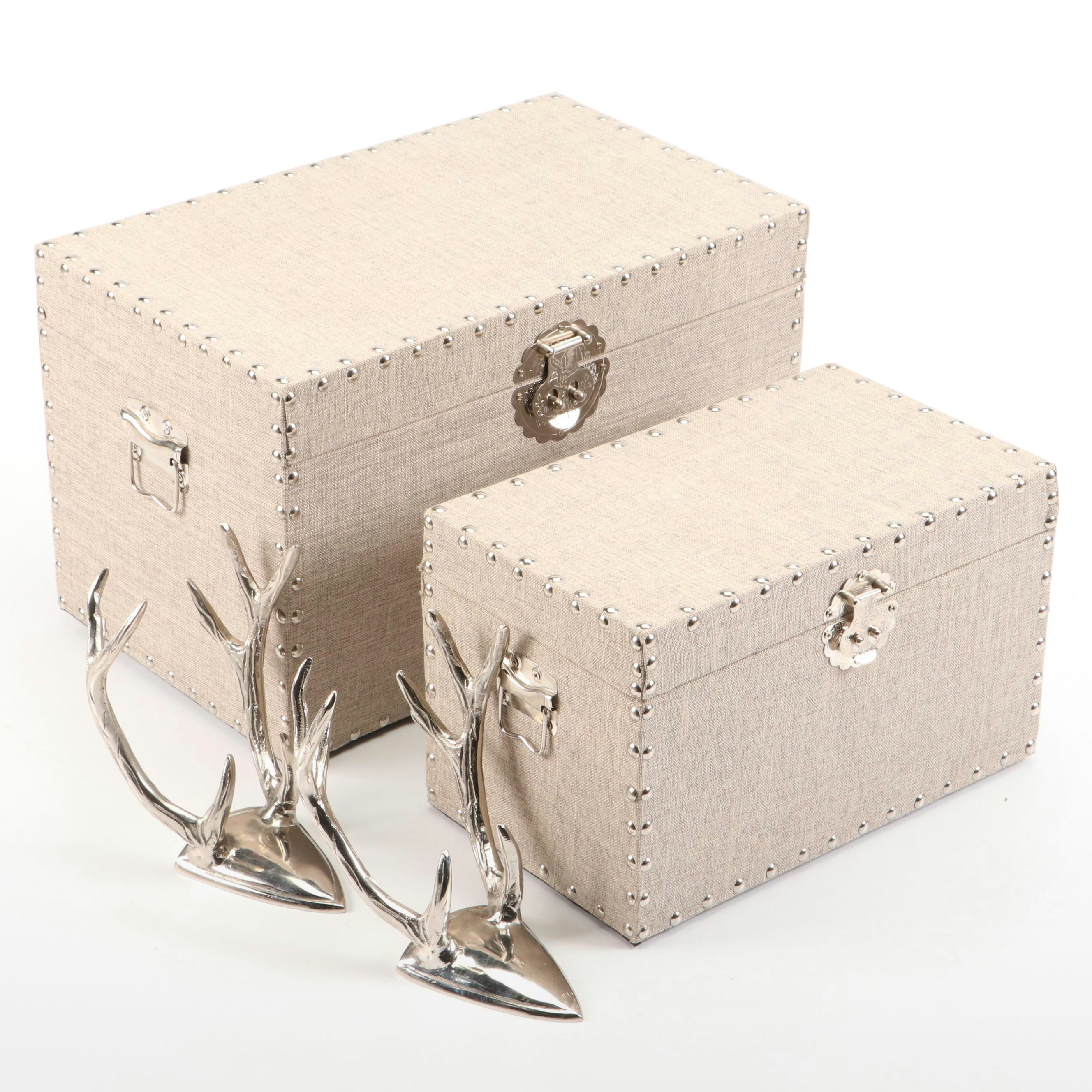 Tweed-Covered Boxes with Cast Metal Deer Antler Coat Hooks