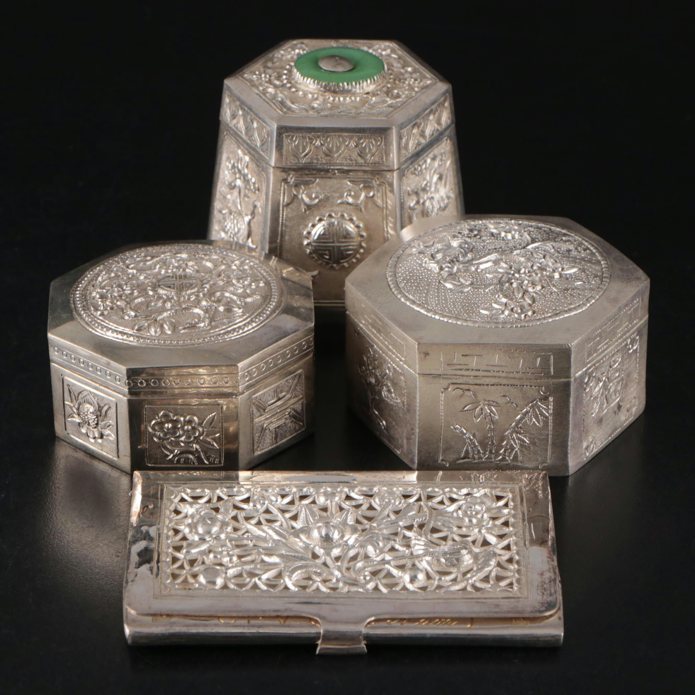 Vietnamese Embossed Silver Plate Card Case with Embossed Metal Boxes