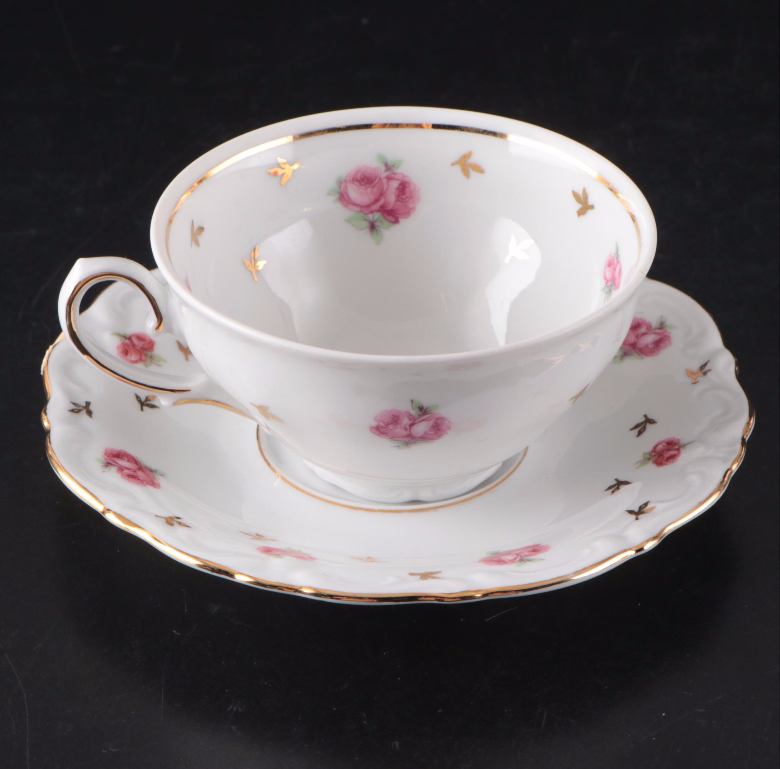 European Pink and Floral Motif Gilt Porcelain Teacups and Saucers, 20th Century