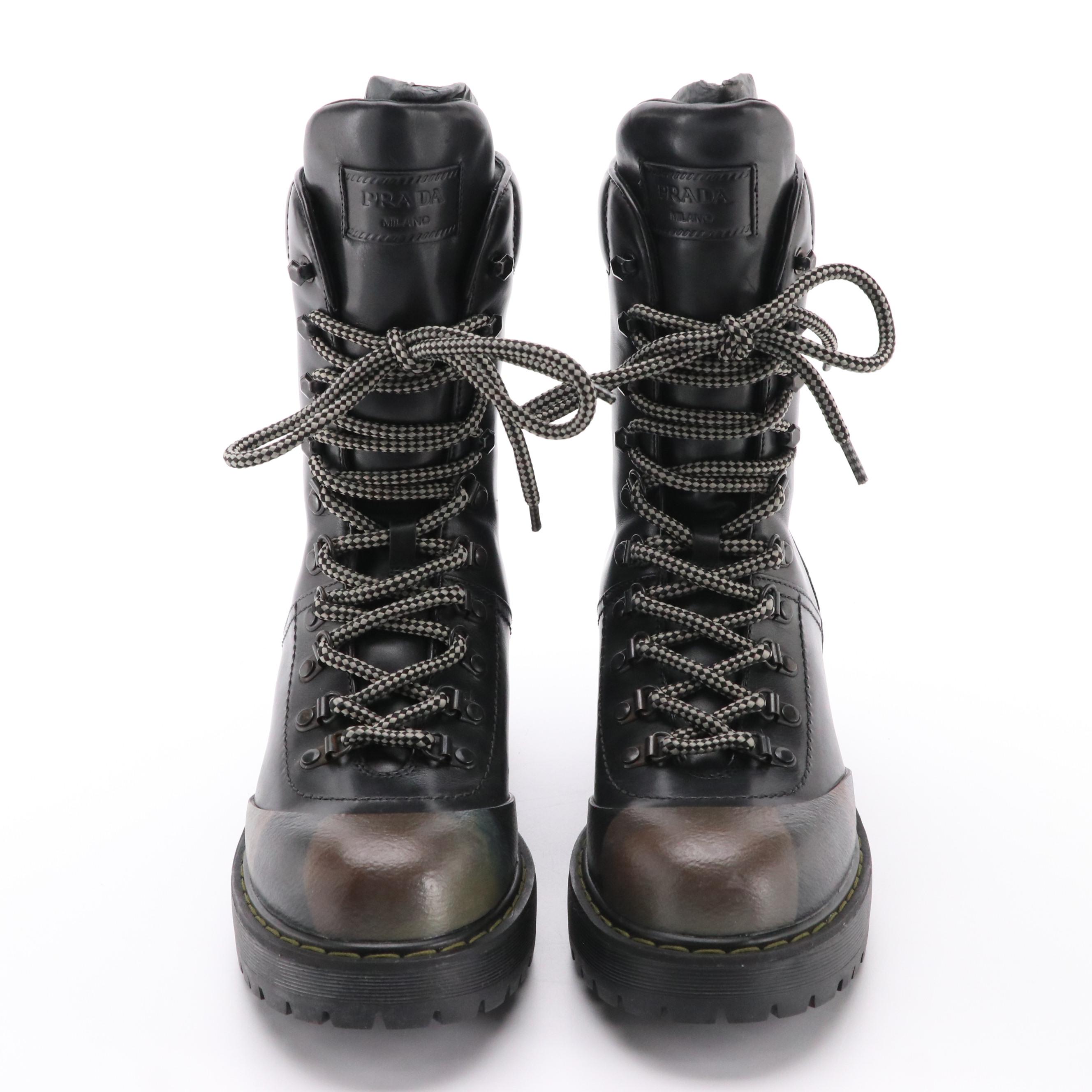 Prada Camouflage Accented Leather Mid-Calf Platform Combat Boots in Box