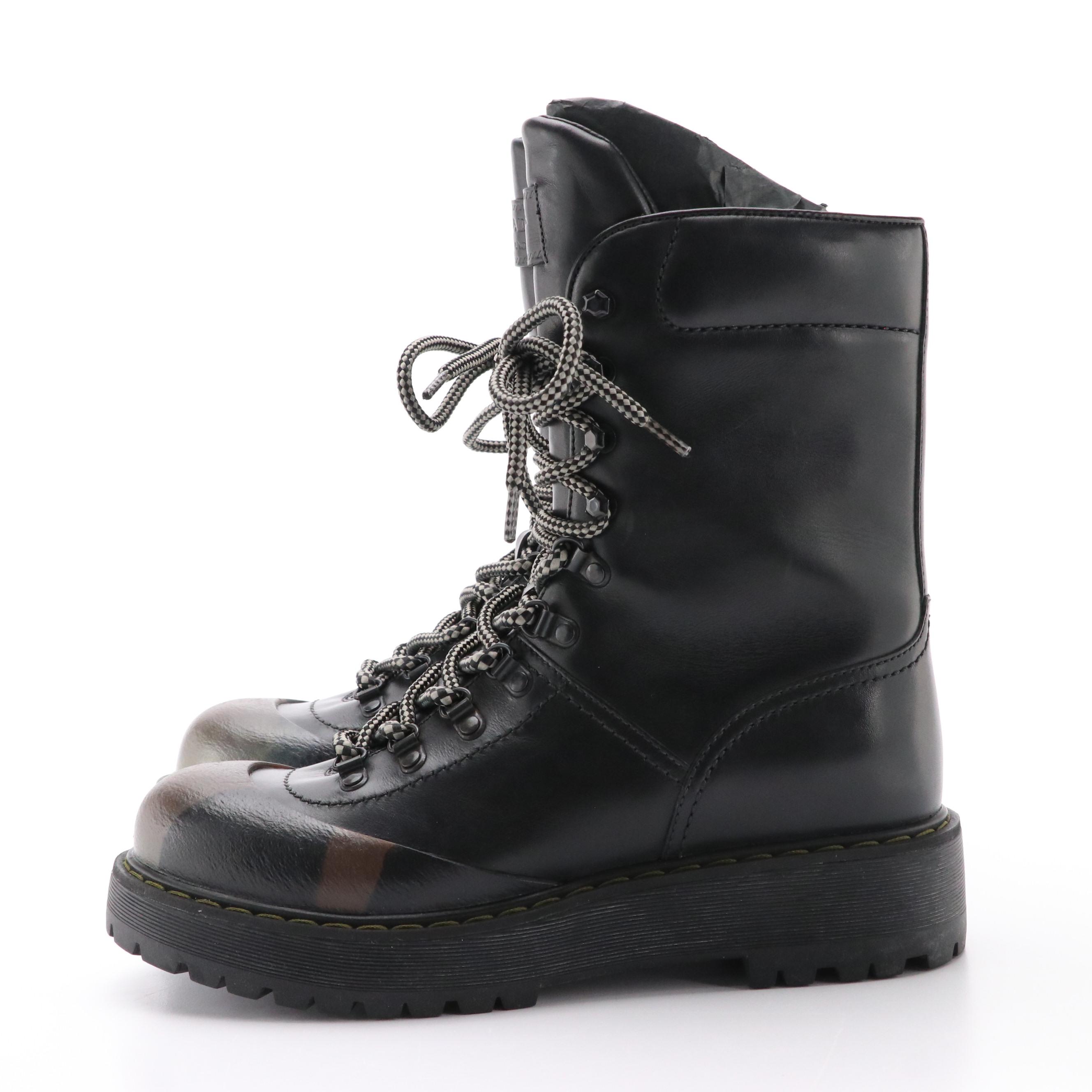 Prada Camouflage Accented Leather Mid-Calf Platform Combat Boots in Box