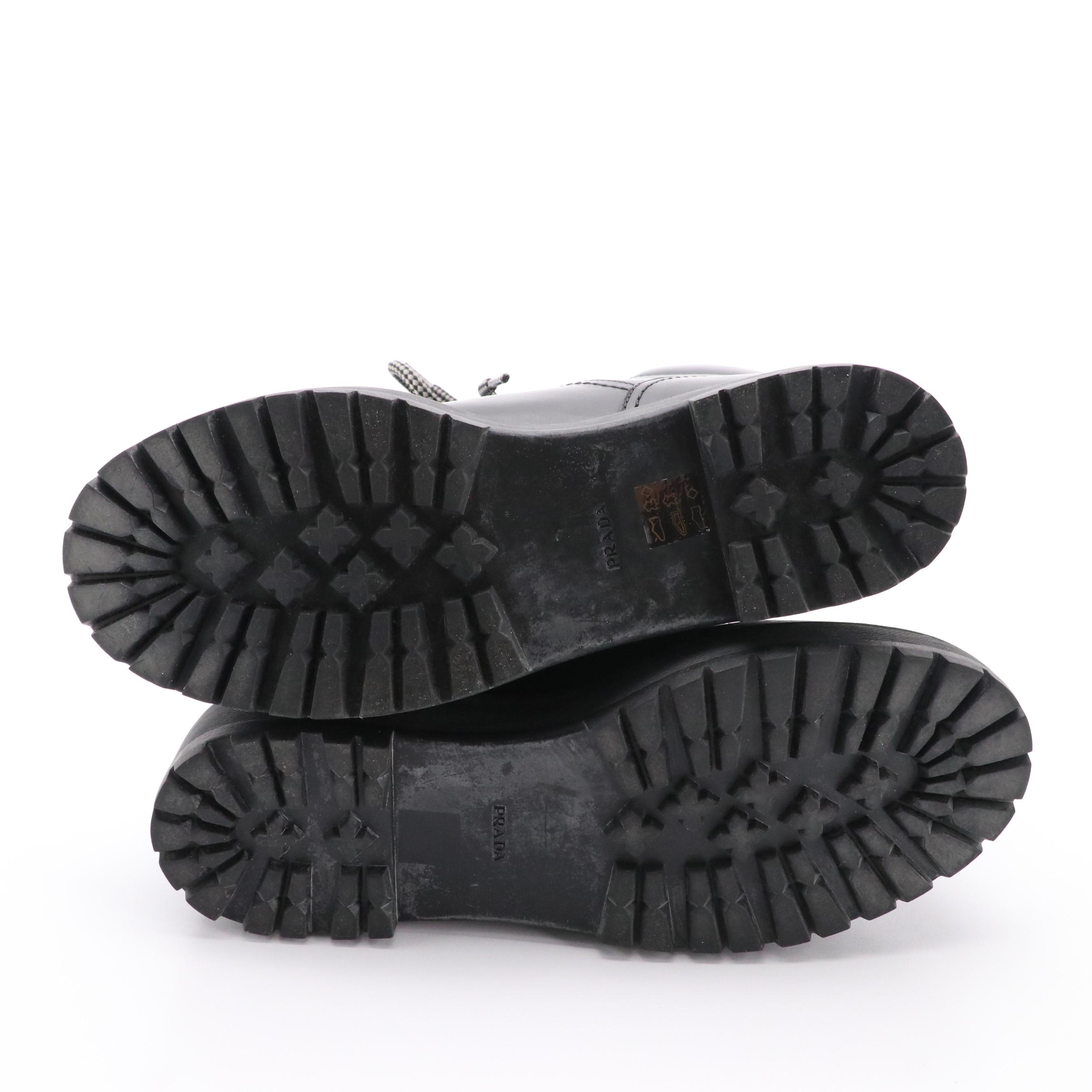 Prada Camouflage Accented Leather Mid-Calf Platform Combat Boots in Box