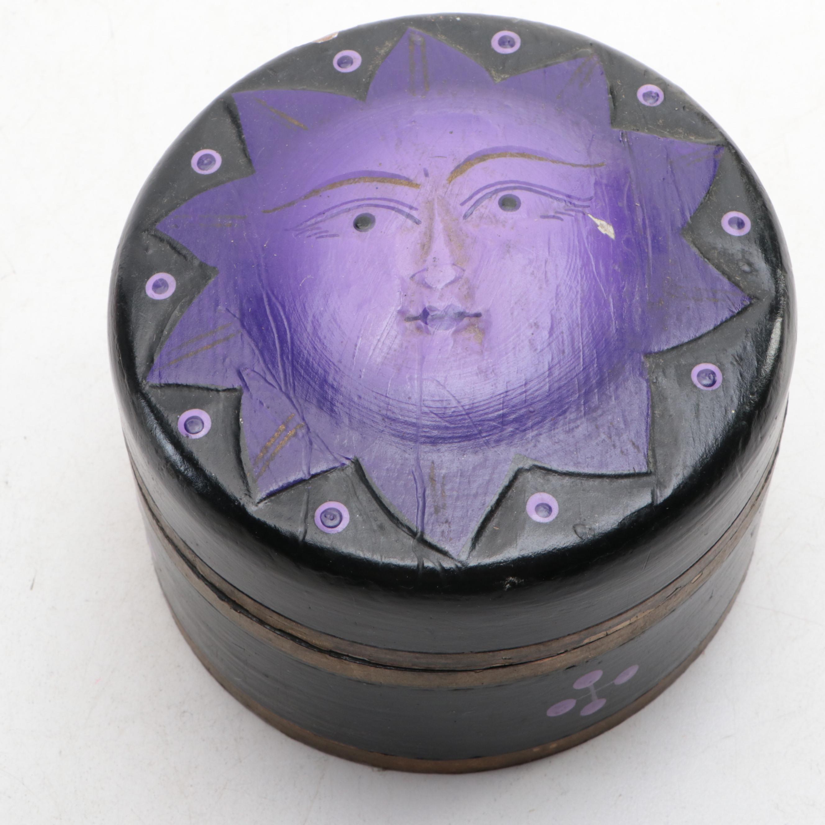 Indonesian Hand-Carved and Painted Wood Lidded Box with Lacquerware Boxes